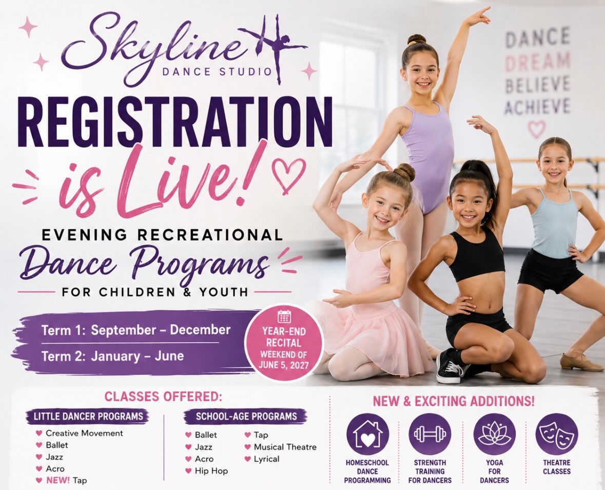✨ REGISTRATION IS NOW LIVE! ✨
A new dance season is just around the corner, and we can’t wait to welcome both new and returning dancers to Skyline Dance Studio! 💜
Our Evening Recreational Dance Programs are now open for registration for both Term 1 (September–December) and Term 2 (January–June).
We have classes for every age and experience level, including:
🩰 Ballet
💃 Jazz
🤸 Acro
👟 Hip Hop
🎭 Musical Theatre
🌸 Lyrical
👯 Creative Movement
✨ Tap
Spaces are limited in many classes, so don’t wait to reserve your spot!
Register today at Skylinedancestudio.ca
📧 info@skylinedancestudio.ca
We can’t wait to dance with you this season! 💜