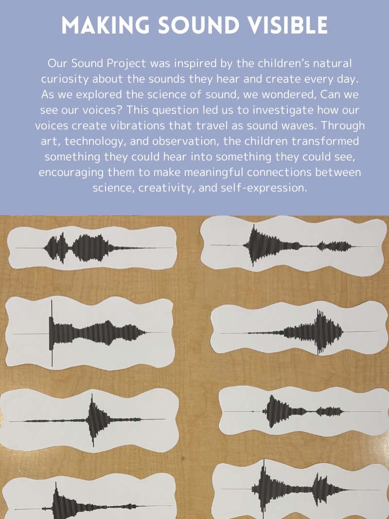 #WhatIsSound #ProjectBasedLearning #ReggioClassroom
We began our project by inviting each child to record themselves saying their name. We listened closely to the unique sounds of each voice and printed a visual image of each child’s sound recording (sound wave).
Observing and Recreating: The children carefully observed the lines, shapes, and lengths of their own sound waves.
Using a canvas, they recreated the patterns by painting the different- sized lines they saw.
Once the painted sound waves were complete, Morah applied glue and the children sprinkled glitter over the lines, transforming their voices into a beautiful textured work of art
Some friends chose to trace their sound waves.
Preschool friends stamped their names onto the canvas using letter stamps for extra literacy practice!
How cool!
Pre-K friends added their name to the canvas, incorporating early literacy skills.
Next, we painted watercolor around it!
The process who so much and incorporated so many different learning avenues.
We also practiced making straight/silent lines
Art, Tech & Science colliding!