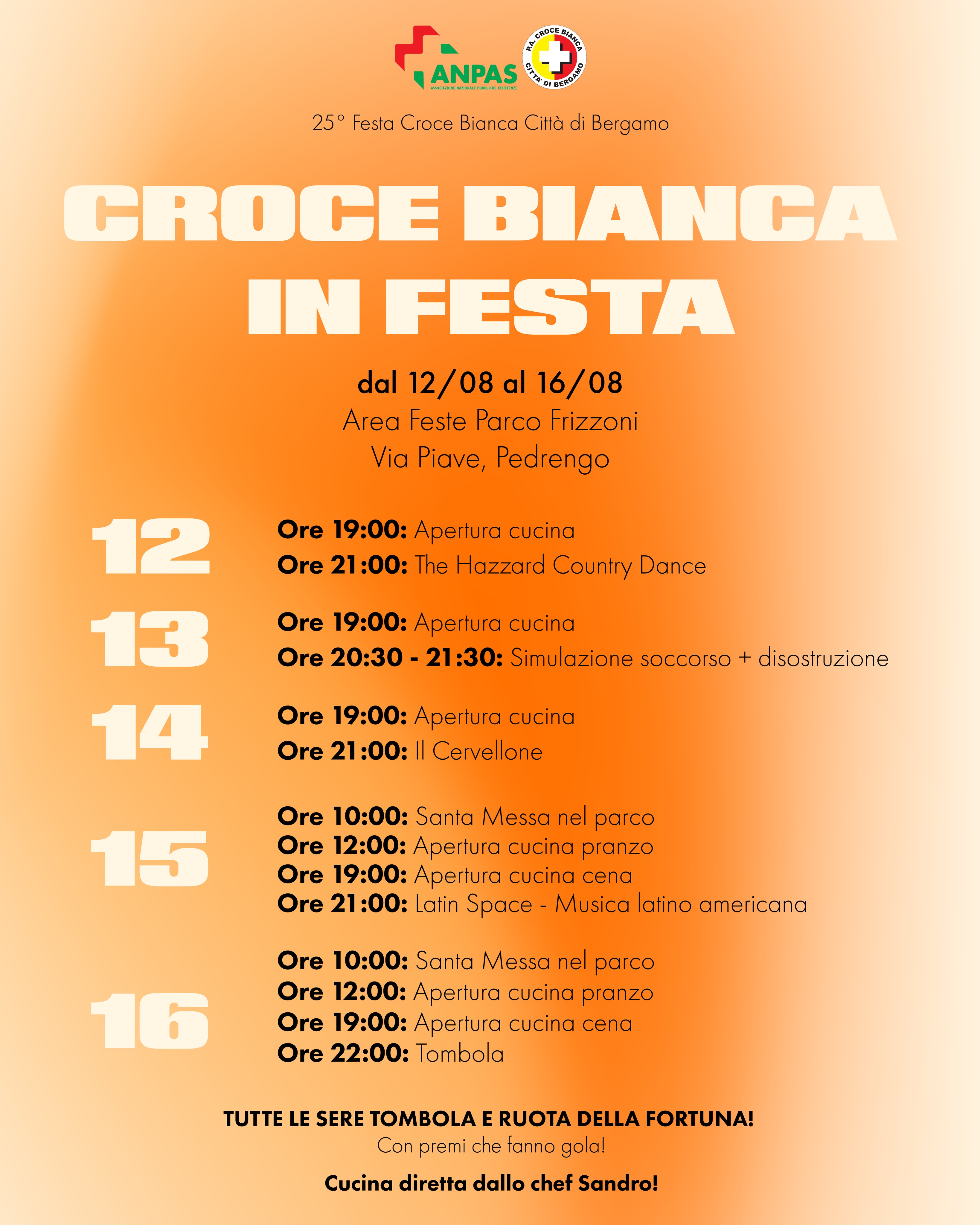 🎉 CROCE BIANCA IN FESTA! 🎉
Dal 12 al 16 agosto al Parco Frizzoni di Pedrengo: 5 giorni di cucina, musica, tombola, ruota della fortuna e tanta bella gente!
Ogni sera piatti pazzeschi, tombola e ruota della fortuna con premi che fanno gola e ospiti speciali sul palco 🎶🍝🎤
📍 Parco Frizzoni Pedrengo
📅 Dal 12 al 16 agosto
🍴 Cucina diretta dallo chef Sandro
Condividi, salva e gira la voce ❤️
#CroceBiancaInFesta #Pedrengo #EstateInDivisa #CroceBiancaBergamo