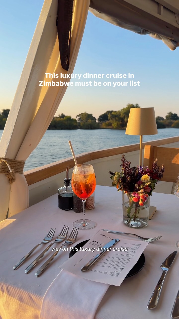 Take me back to Zim NOW 🥹🇿🇼🫶🏾
Cost: $185 plus $12 for park fees ($197)
Name: Pure Africa Classic Dinner Cruise
Details: 4 hour journey with a multi-course dinner and incredible views of the Zambezi
If you also want on do this solo, I recommend emailing Pure Africa just to see what availability looks like.
The crew was so spectacular! They took so many incredible photos of me 😭 if you’re visiting Victoria Falls you must do this experience, sorry!
