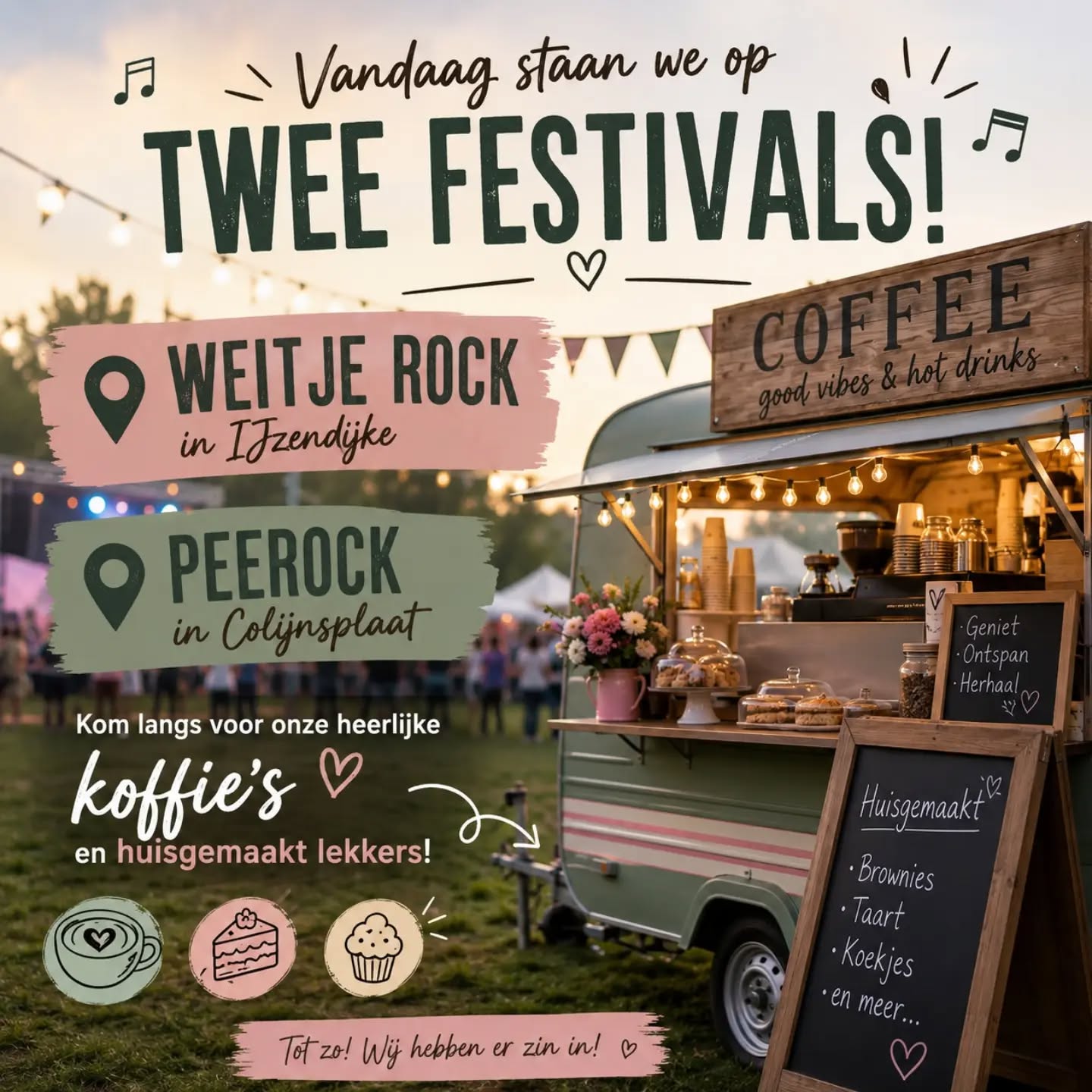 ☕🎉 Vandaag staan we met onze koffie foodtruck op maar liefst twee festivals!
📍 WeitjeRock in IJzendijke
📍 Peerock in Colijnsplaat
Kom gezellig langs voor een heerlijke kop versgemalen koffie, een romige cappuccino of een verfrissende ijskoffie. Natuurlijk hebben we ook weer ons huisgemaakte lekkers voor je klaar. 🍰🤎
Of je nu even wilt bijkomen tussen de optredens door of je festivaldag goed wilt beginnen, wij zorgen voor een lekker genietmoment.
Zien we je vandaag? ☕✨