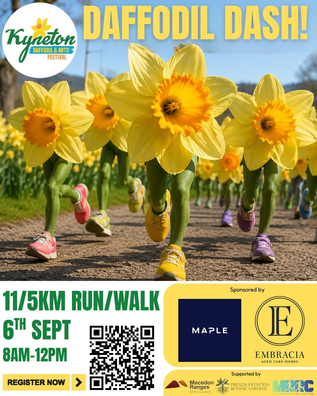Calling all runners and walkers!
The Daffodil Dash is the perfect way to kick off Father's Day with either a 5 or 11km distance to choose from.
🏃♀️Embracia 11km starting 8:30am
🏃♀️Maple Physio 5km starting 9am
Join as an individual or team with a course spanning Kyneton's scenic Botanic Gardens, Campaspe River Walk and racecourse.