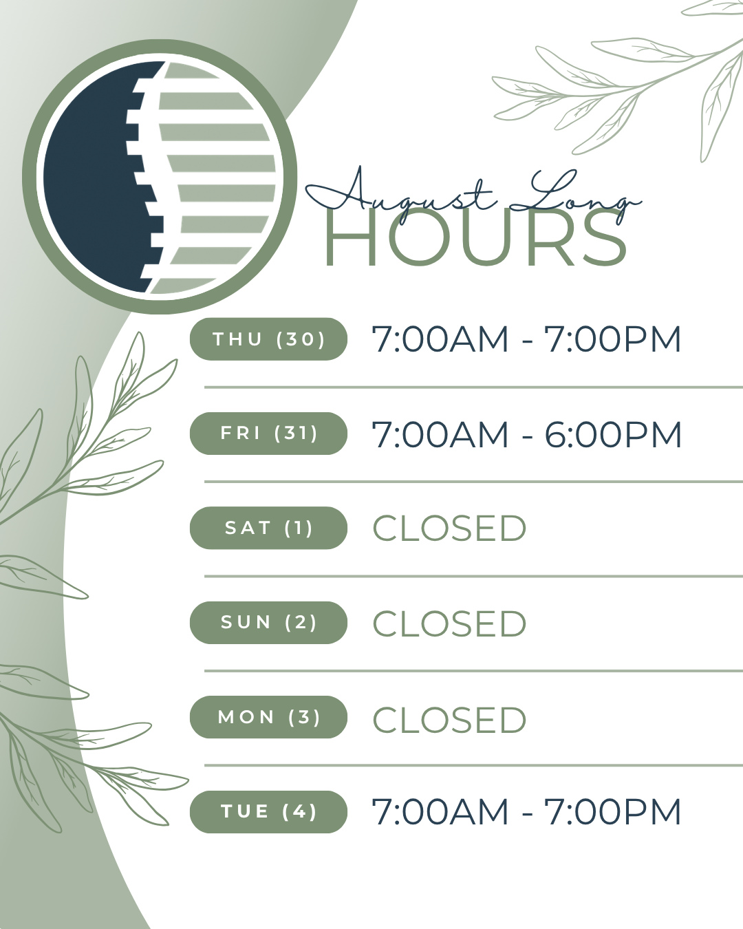 🌞 August Long Weekend Hours! 🌞
Taking time to recharge this long weekend? Don’t forget to give your spine some love too! 💚
⠀
We’ve got adjusted hours (pun intended 😉), so be sure to book your appointment before the long weekend!
Give us a call, or follow the link in our bio to book online! 📞✨🔗