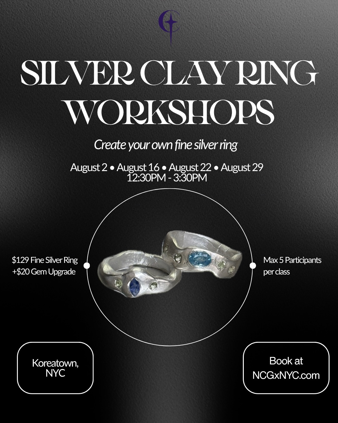 ✨ SILVER CLAY RING MAKING WORKSHOPS ✨
Learn how to transform silver clay into a handcrafted fine silver ring at our intimate jewelry making workshop at the NCG studio in Koreatown, NYC.
In this 3 hour workshop, you’ll learn how to mold, shape, and refine real silver clay into a one-of-a-kind, fine silver ring.
No experience needed. Just bring your creativity!
THE DETAILS:
✦ Fine Silver Ring Workshop: $129 (All materials included!)
✦ Upgrade your design with a fireable CZ stone for +$20 💎
✦ Limited to 5 seats per class for a personalized, hands-on experience
✦ Time: 12:30 PM (3 hours)
UPCOMING JULY DATES:
🗓️ Sunday, August 2 - SOLD OUT
🗓️ Sunday, August 16 - SOLD OUT
🗓️ Saturday, August 22 - SOLD OUT
🗓️ Saturday, August 29 - SOLD OUT
🔒 A $50 deposit is required per person to reserve your seat (applied to your final balance).
👇 HOW TO BOOK:
With only 5 spots per date, these will sell out fast. Click the link in our bio to grab your spot, or DM us with any questions!
—————————————————————
#SilverClayWorkshop #SilverClayNYC nycjewelryclasses , CreativeWorkshopsNYC, Koreatown NYC NYCSmallBusiness, Handmade Jewelry