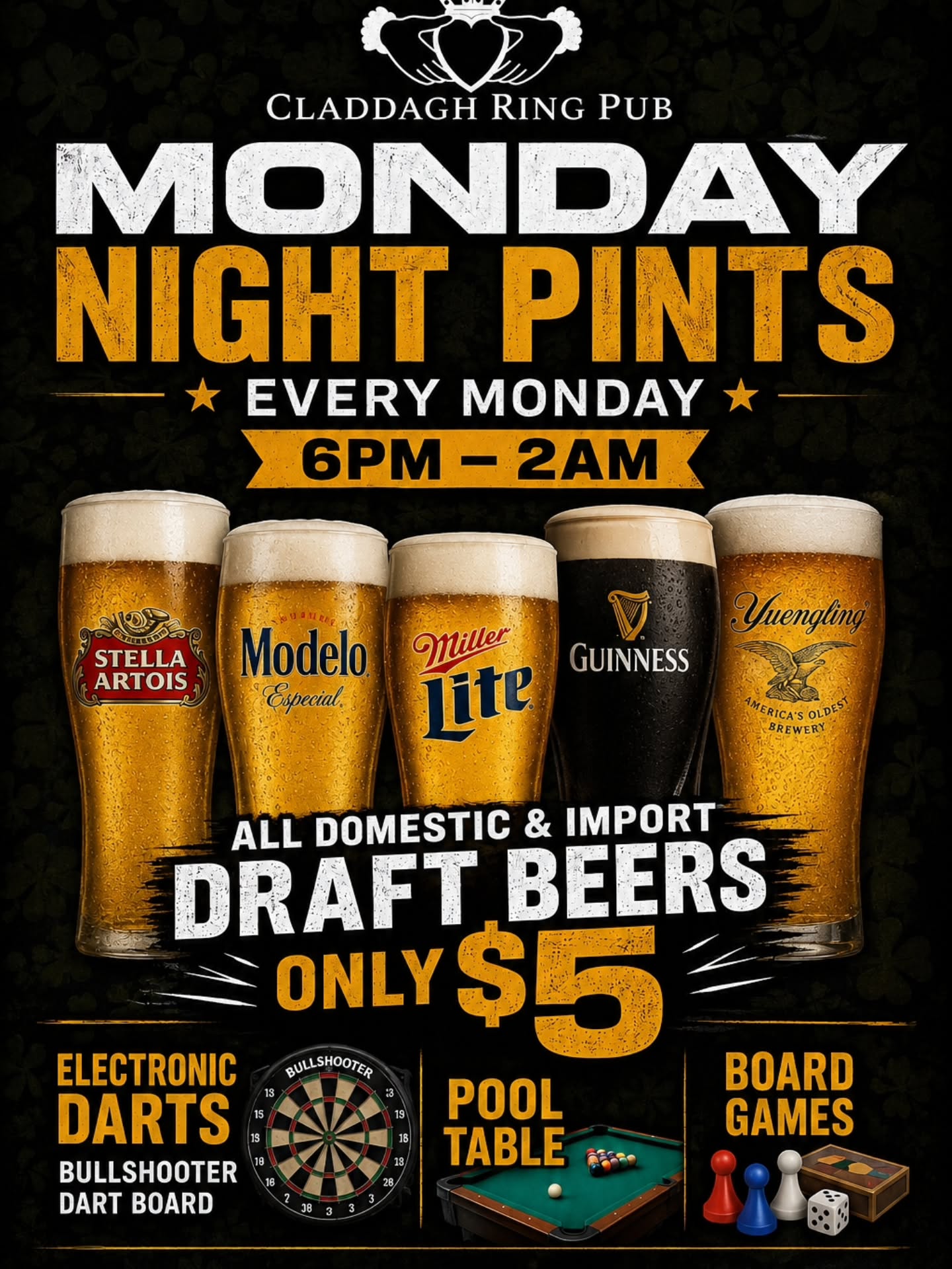Join us every Monday from 6pm-2am for Monday Night Pints! All domestic and import drafts are only $5