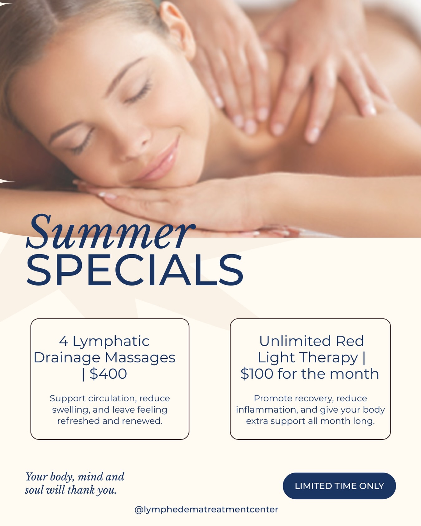 Take a little time for yourself this summer. ☀️
Whether you’re looking to reduce swelling, support your lymphatic system, recover after workouts, or simply feel your best, our Summer Specials are designed to help you recharge from the inside out.
✨ Summer Specials:
💙 4 Lymphatic Drainage Massages for $400
❤️ Unlimited Red Light Therapy for $100/month
Both therapies can help improve circulation, reduce inflammation, support recovery and leave you feeling refreshed all season long.
These specials are available for a limited time. Contact us today to learn more or schedule your visit.
📍 Lymphedema Treatment Center – Jupiter
📲 561-768-9984
#JupiterFL #LymphaticDrainageMassage #RedLightTherapy #WellnessJourney #SummerSelfCare