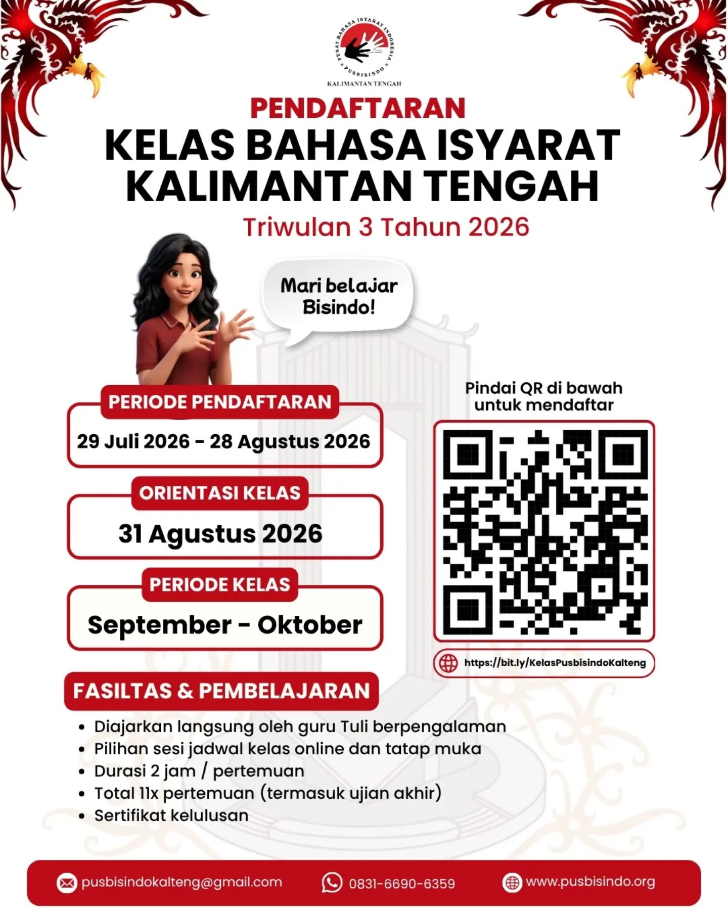 Halo semuanya! π
Pendaftaran Kelas Bahasa Isyarat Indonesia (Bisindo) Pusbisindo Kalimantan Tengah Triwulan 3 Tahun 2026 telah dibuka! π₯³π€
Yuk, rasakan pengalaman belajar Bahasa Isyarat Indonesia (Bisindo) langsung bersama guru Tuli yang berpengalaman. Kelas ini terbuka untuk masyarakat umum yang ingin belajar berkomunikasi dengan komunitas Tuli dan mendukung lingkungan yang lebih inklusif. β¨
π Fasilitas & Pembelajaran:
β’ Diajarkan langsung oleh guru Tuli berpengalaman
β’ Pilihan kelas online dan tatap muka
β’ Durasi 2 jam setiap pertemuan
β’ Total 11 kali pertemuan (termasuk ujian akhir)
β’ Sertifikat kelulusan
π
Periode Pendaftaran
29 Juli 2026 β 28 Agustus 2026
π Orientasi Kelas
31 Agustus 2026
π Periode Kelas
September β Oktober 2026
β οΈ Kuota terbatas dan terbuka untuk umum.
π² Pendaftaran
Scan QR Code pada poster atau melalui tautan:
https://bit.ly/KelasPusbisindoKalteng
π© Informasi lebih lanjut:
π± WhatsApp: 0831-6690-6359
π§ Email: pusbisindokalteng@gmail.com
Jangan sampai terlewat ya! π€
Mari belajar Bahasa Isyarat Indonesia (Bisindo) bersama Pusbisindo Kalimantan Tengah untuk menciptakan komunikasi yang lebih inklusif serta membangun jembatan antara masyarakat dengar dan komunitas Tuli. β€οΈ
#Pusbisindo #PusbisindoKalteng #KelasBahasaIsyarat #Bisindo #BahasaIsyaratIndonesia