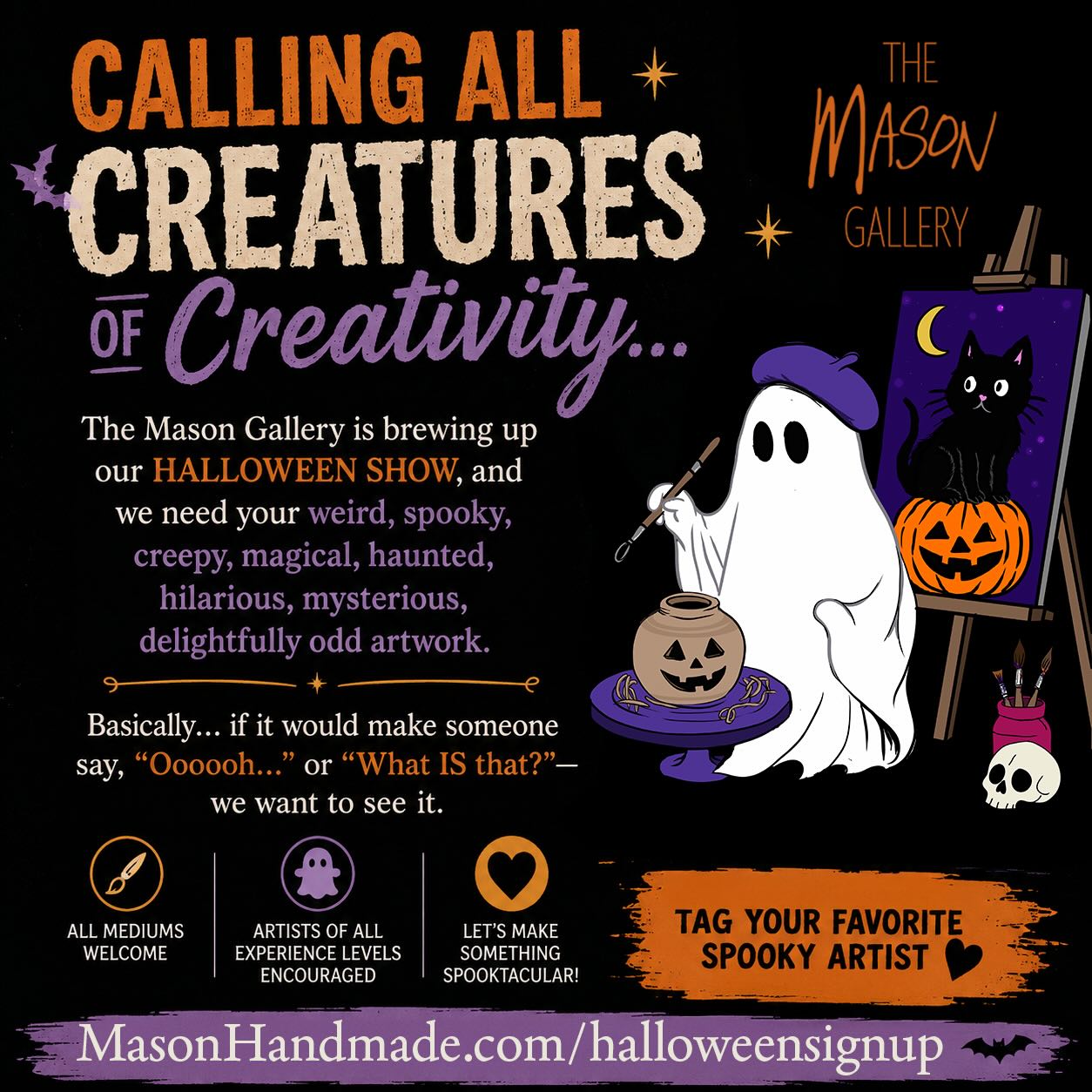Are you an artist in the Cincinnati area, or know one who loves to make Halloween or fall themed artwork? The Mason Gallery is having a Halloween Show in October and would love to include community works. Go to the sign up page for more details! Deadline for work is September 22nd!