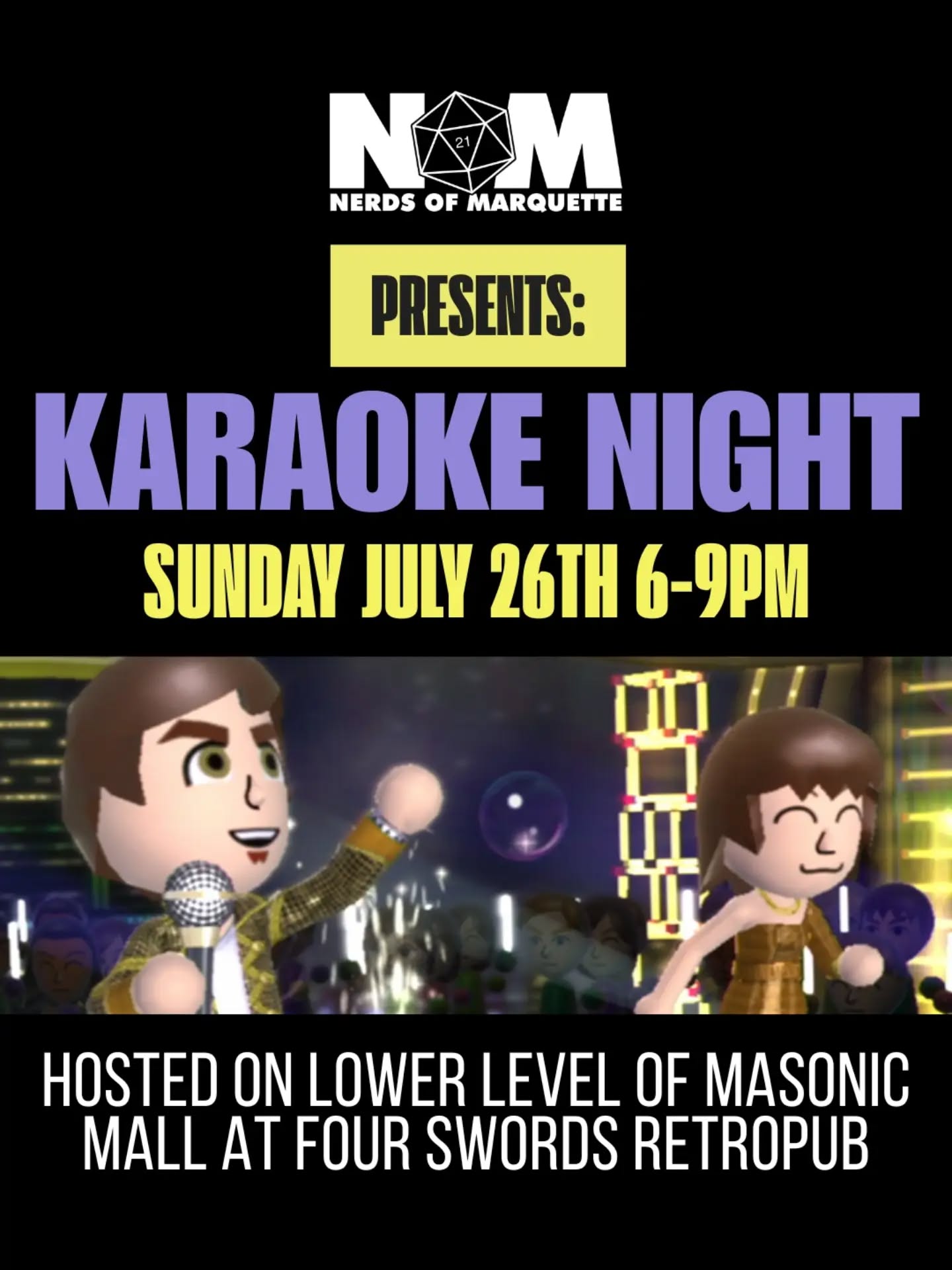 TOMORROW ๐ฉโ๐ค๐ค๐จโ๐ค
Our friends with @nerdsofmarquette are back at it with karaoke night, hosted on the lower level of the Masonic!
โThis event is free to attend, and all are welcome ๐ซ
โWe have our kiosk set up downstairs for quick service if you want a bite while singing, or join us upstairs in the restaurant for full service!
โDon't forget: arcade happy hour starts at 8 pm, so you can catch the last hour for just $9! ๐น๏ธ