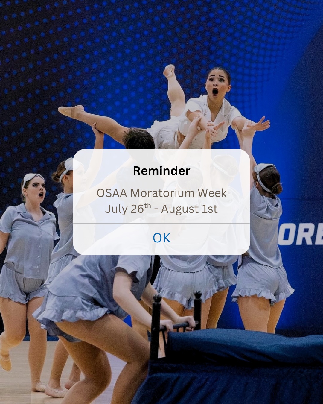 🔔 REMINDER! OSAA Moratorium Week starts tomorrow!
There can be no contact with your teams for the next week until Sunday, August 2nd. Enjoy the break, get some needed rest, and get ready for the season to begin!
#moratoriumweek #OSAA #takeabreak #danceteam