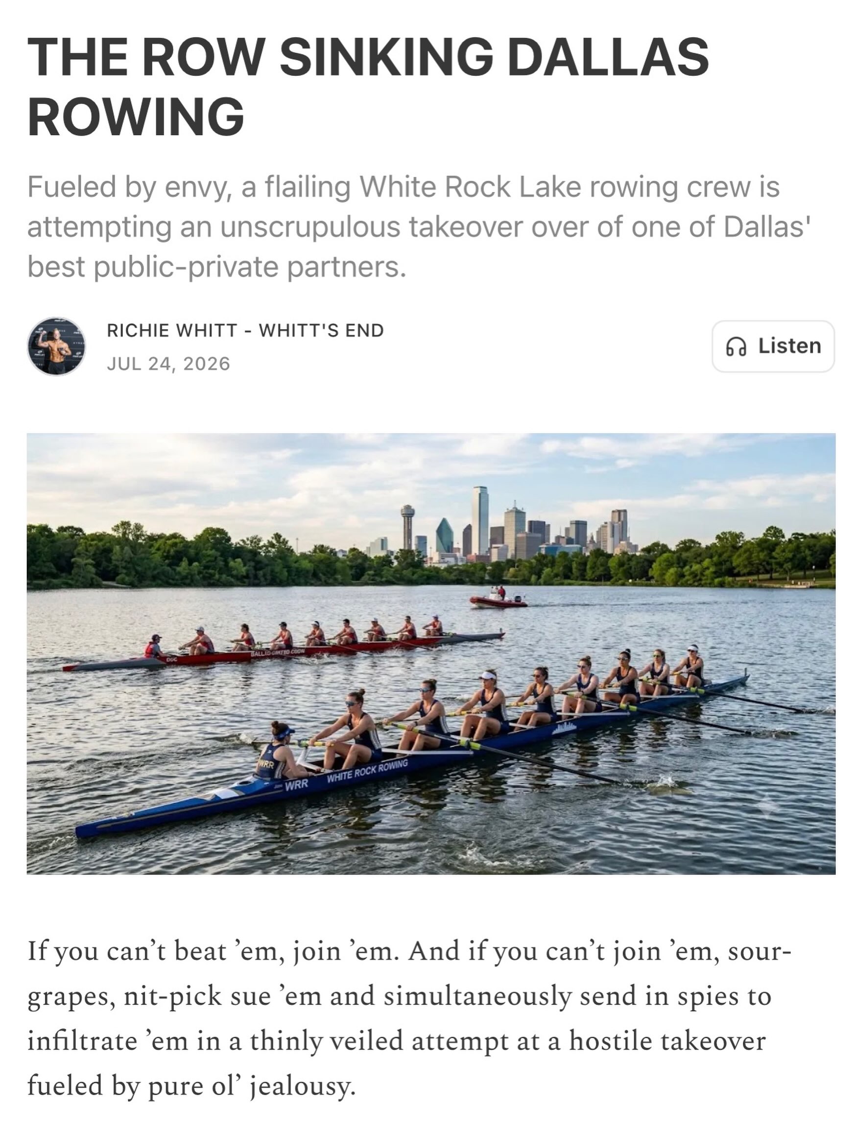 The Real Story: The Fight for White Rock Boathouse!!!
An article in the Dallas Observer today raised questionable claims about White Rock Boathouse as an operator on White Rock Lake. Please take a moment to read an accurate and comprehensive overview of the issues from Richie Whitt in the substack below. More to come
USE THE LINK IN BIO OR IN OUR STORY TOO READ MORE!
