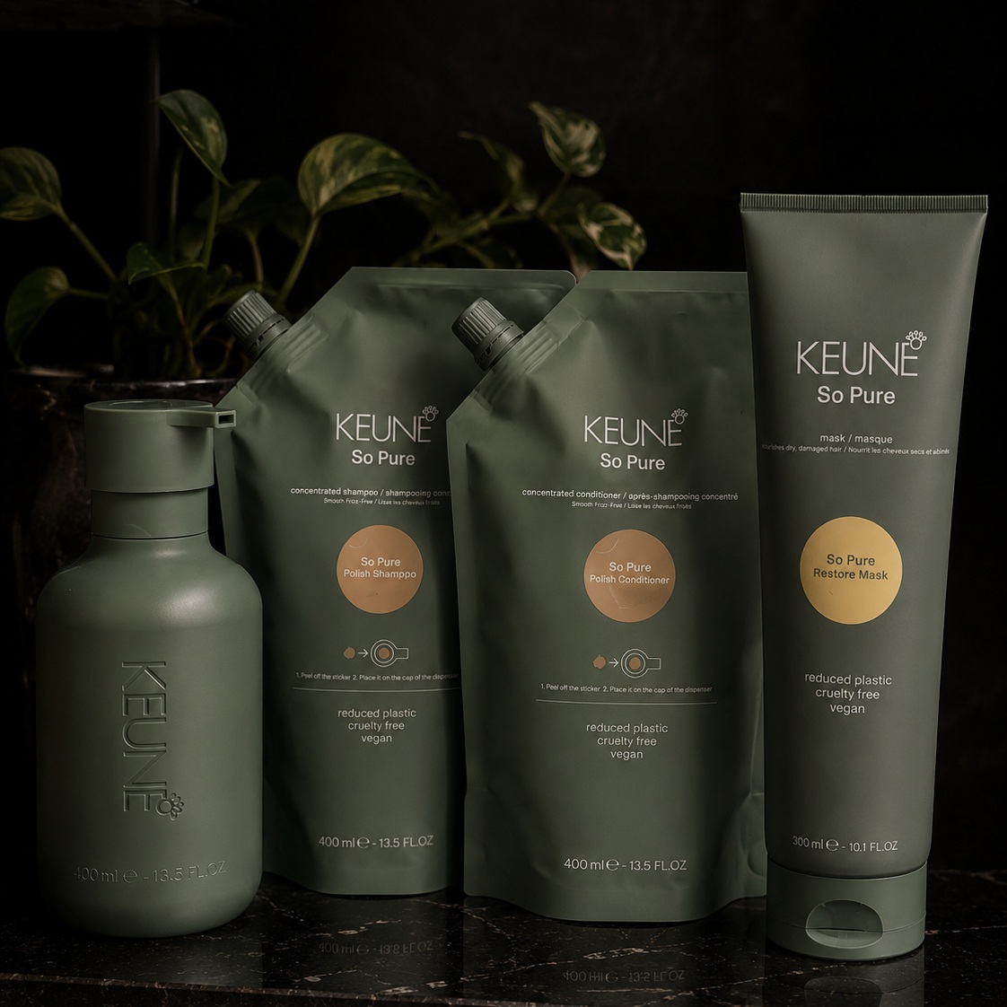 So Pure. Polish shampoo, conditioner, restore mask. For hair that’s been asking for this. Available in atelier. Link in bio.