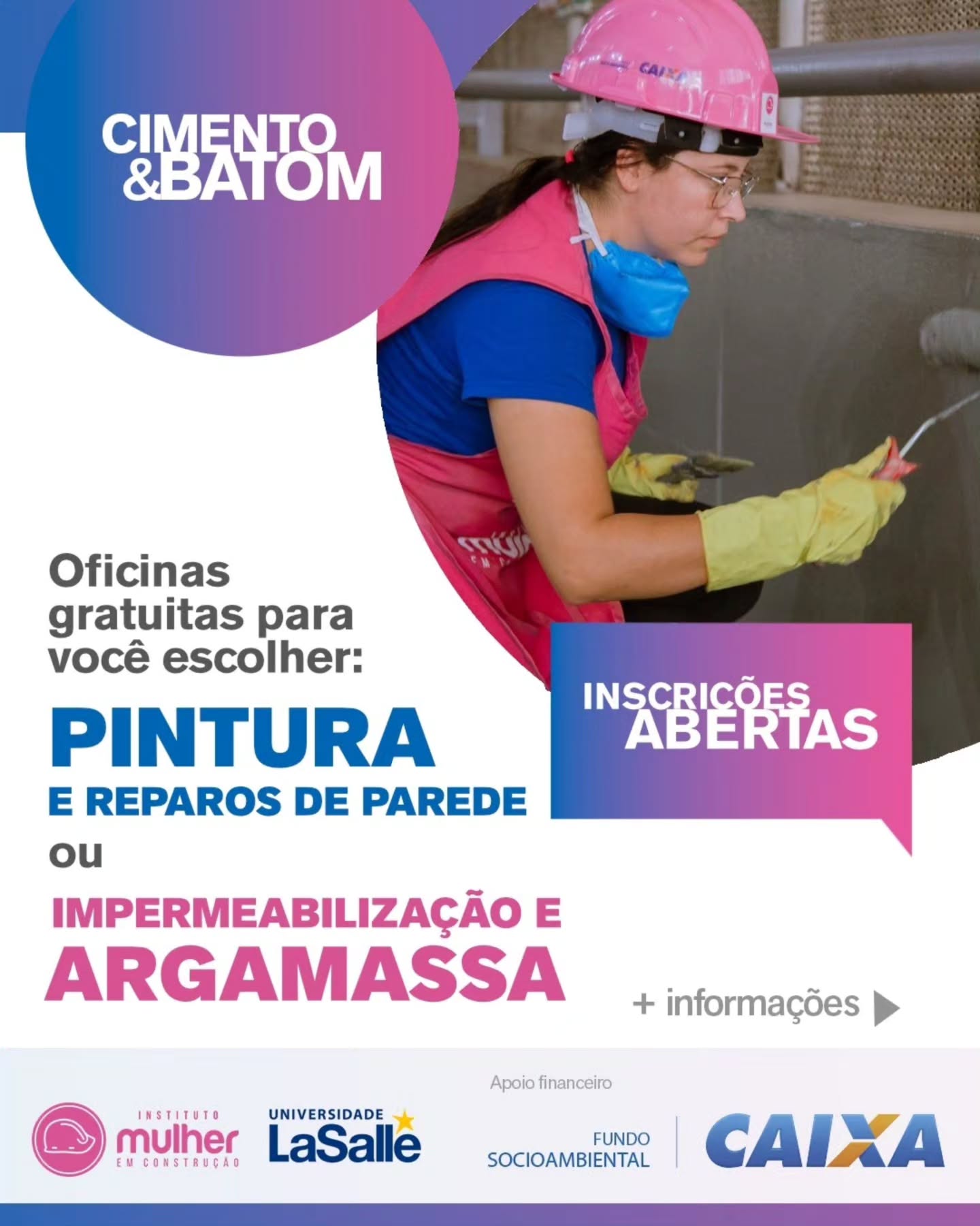 ATENÇÃO, mulheres de Porto Alegre: tem oficinas novas chegando!!!
Estão abertas as inscrições para as oficinas gratuitas de PINTURA E REPAROS DE PAREDE ou IMPERMEABILIZAÇÃO E ARGAMASSA, do programa Cimento & Batom, do Instituto Mulher em Construção.
A iniciativa acontece com apoio financeiro da @caixa, por meio do Fundo Socioambiental, e é voltada para mulheres que desejam aprender técnicas da construção civil, melhorar suas próprias casas ou abrir novos caminhos de geração de renda.
📅 Períodos das oficinas:
🎨 Pintura e Reparos de Parede: 19/08 a 27/08
🧱 Impermeabilização e Argamassa: 19/08 a 26/08
📍 Local: Porto Alegre (RS) – Bairro Sarandi
⏱ Horário: das 8h30 às 17h
⏱ Carga total: 48 horas (06 dias de curso)
Durante a formação oferecemos:
☕ Café da manhã
🍛 Almoço
🚌 Transporte
💰 Bolsa auxílio
⚠️ Vagas limitadas e exclusivas para mulheres.
📲 Inscrições: link na bio ou pelo site www.mulheremconstrucao.org.br
📞 Informações: (51) 99548-6137
Inscreva-se ou compartilhe esse post para ajudar uma mulher a mudar de vida!!!