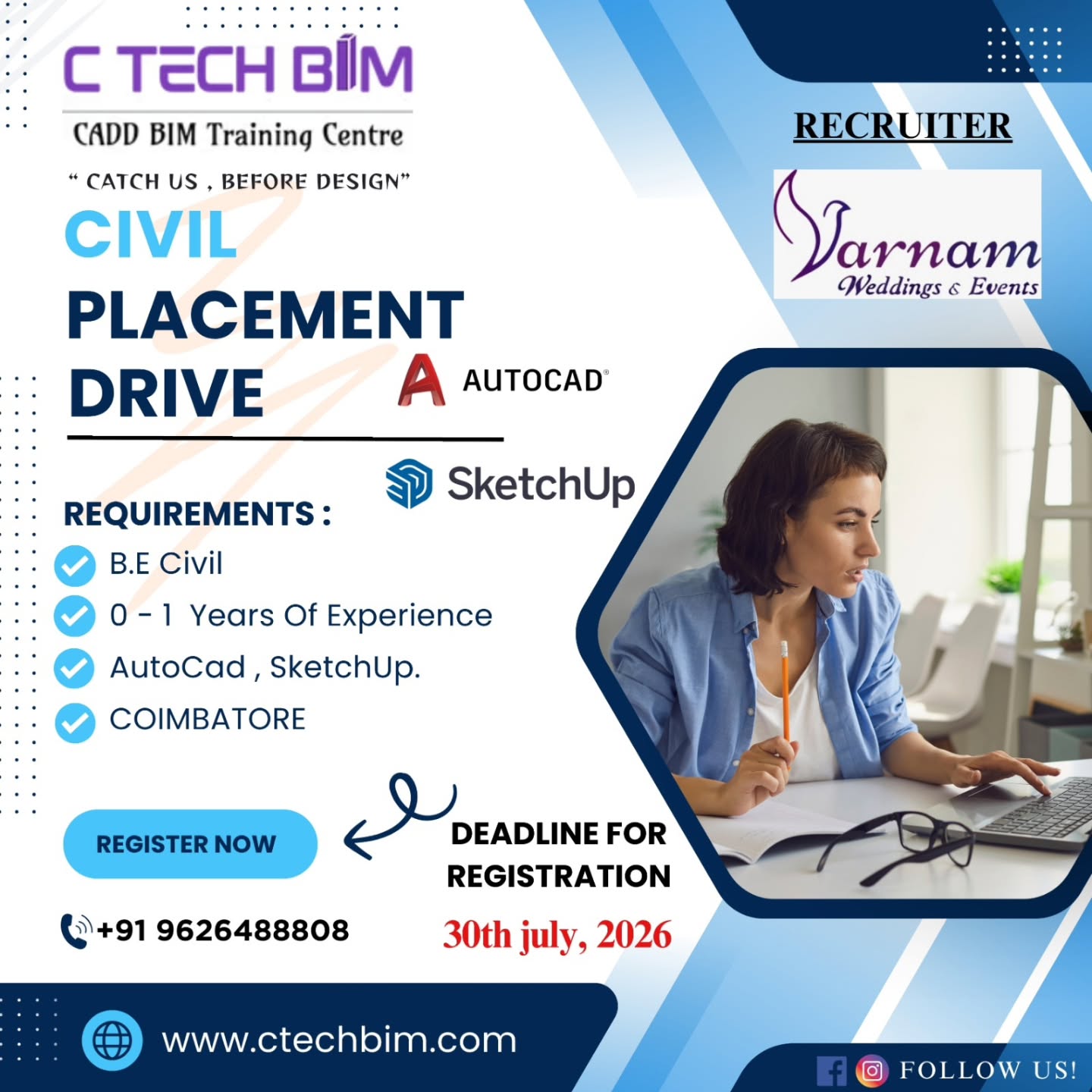๐ข CIVIL PLACEMENT DRIVE | REGISTER NOW ๐
Kickstart your Civil Engineering career with exciting placement opportunities!
โ
Eligibility: B.E Civil
โ
Experience: 0โ1 Years
โ
Skills: AutoCAD & SketchUp
๐ Location: Coimbatore
๐ Contact: +91 96264 88808
๐ Website: www.ctechbim.comโ ๏ฟฝ
๐๏ธ Last Date to Register: 30th July 2026
#Hashtags: #CTECHBIM #CivilEngineering #PlacementDrive #AutoCAD SketchUp