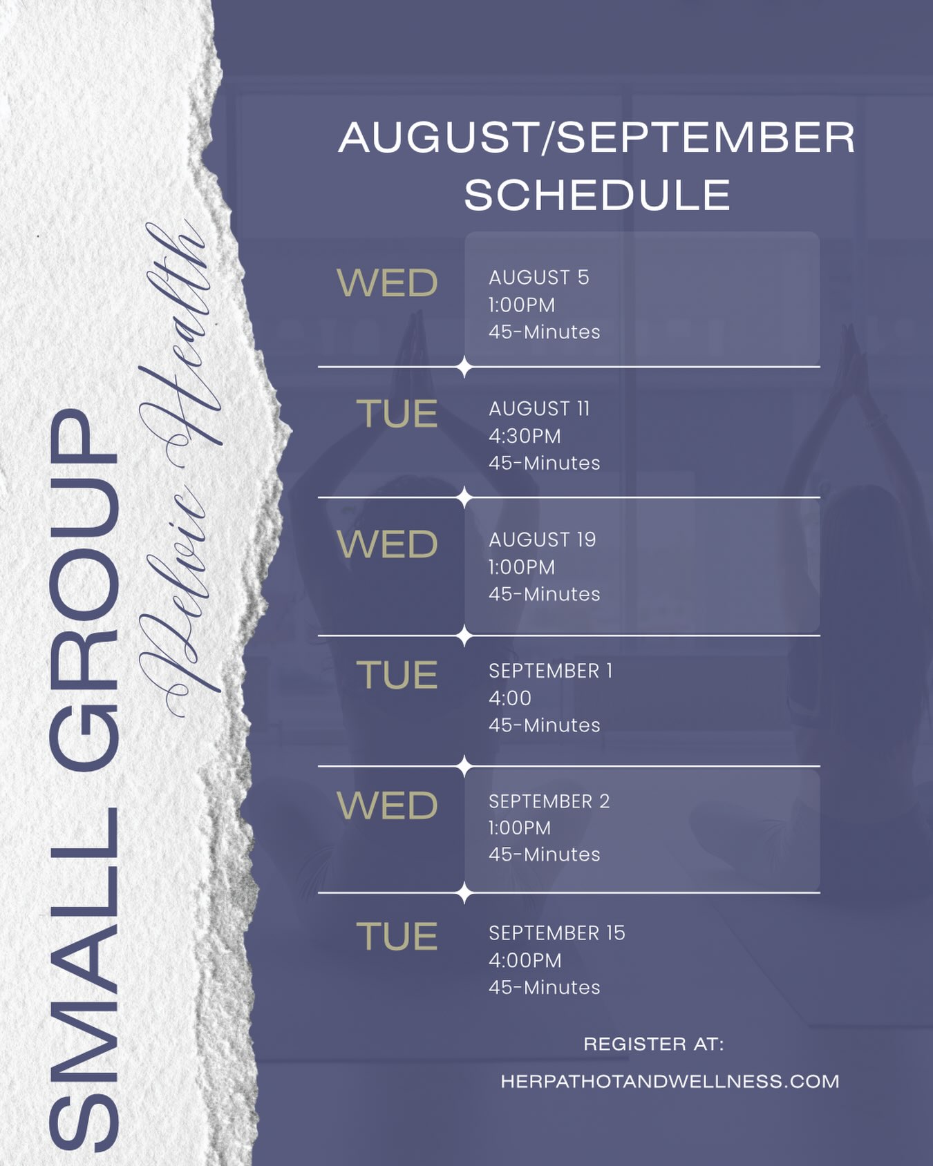 Okay guys I got the schedule up and going, I added two time options for August and September. I’m so excited for these small groups to begin! Please share with your friends and let me know if you need help booking. You can register directly on the website at herpathotandwellness.com