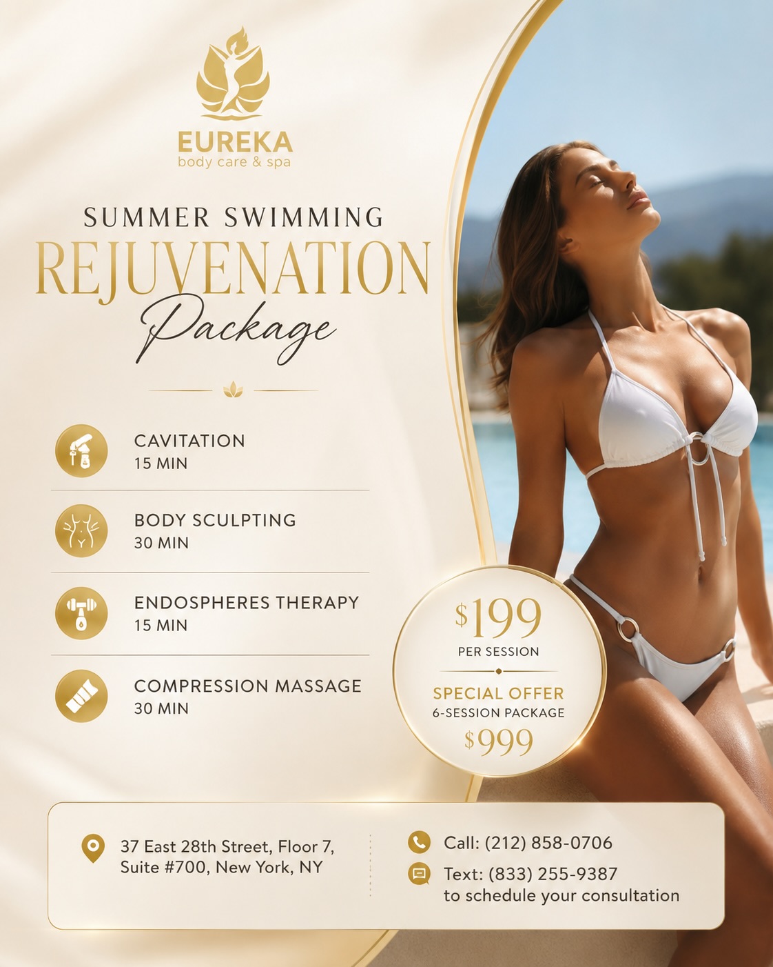 SUMMER SWIMMING REJUVENATION PACKAGE ☀️✨
Feel confident in your swimsuit this summer!
Get smoother skin, enhanced body contours, improved circulation, and reduced water retention—all in one rejuvenating session.
Your Package Includes:
✨ Cavitation – 15 min
✨ Body Sculpting – 30 min
✨ Endospheres Therapy – 15 min
✨ Compression Massage – 30 min
Only $199 per session
🔥 Special Offer: 6 Sessions for $999
Get beach-ready with visible results and a relaxing spa experience.
📍 37 East 28th Street, Floor 7, Suite #700, New York, NY
📞 Call: (212) 858-0706
🤳 Text: (833) 255-9387 to schedule your consultation