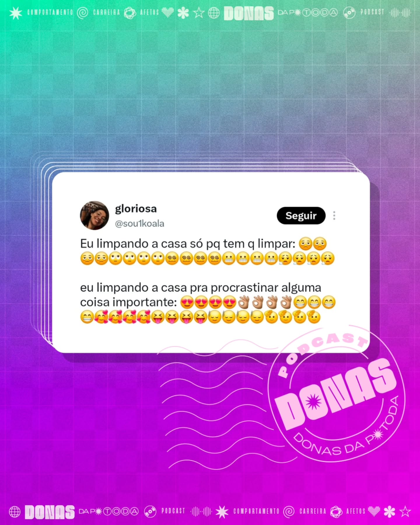 Segunda-feira, 28 de julho de 2026. Prontas para mais uma semana e mais uma curadoria de tweets?
Nesta terça, tem episódio novo no ar. Aproveita para seguir o Donas e avaliar com 5 estrelas no Spotify e na Apple Podcasts.
Contribua com a nossa campanha de financiamento coletivo em apoia.se/donasdaptoda e receba conteúdos exclusivos, brindes e muito mais
#donasdaptoda #podcasts #mulherespodcasters