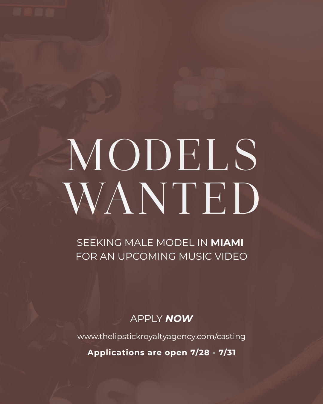 We're seeking male talent in the Miami area for an upcoming music video production.
Think you're the right fit? Review the details and submit your application before July 31.
Apply today:
www.thelipstickroyaltyagency.com/casting
#modelswanted #miamimodels #miami #modelcasting