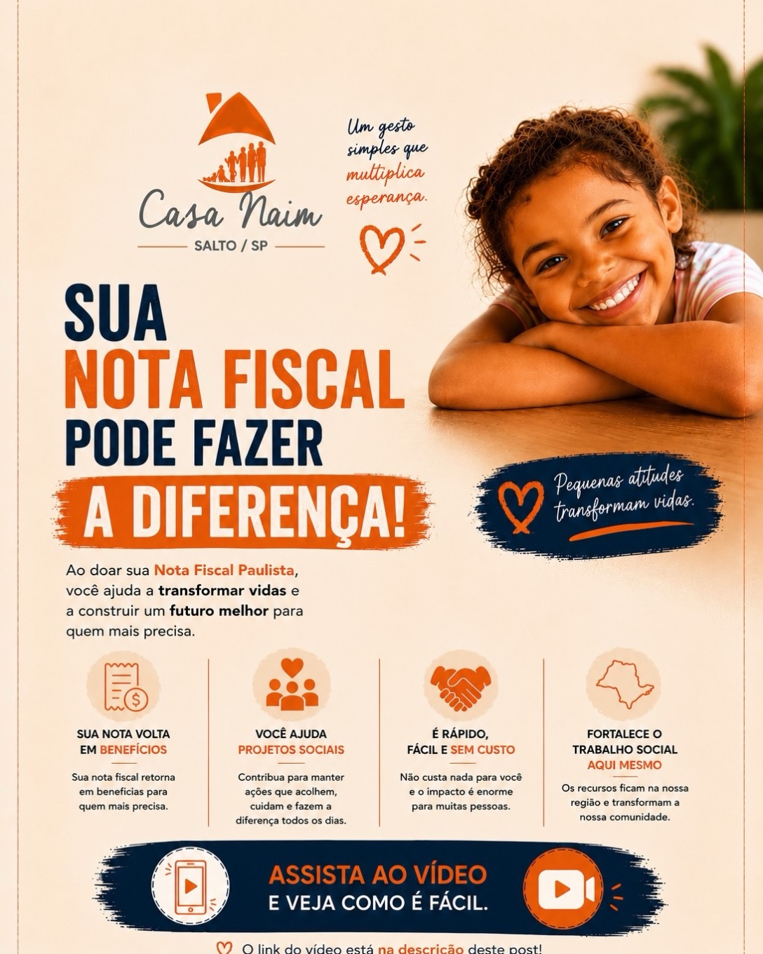 ❤️ Uma nota fiscal pode parecer pequena para você, mas pode representar uma grande mudança na vida de quem mais precisa.
Quando você doa sua Nota Fiscal Paulista para a Casa Naim, ajuda a manter projetos que acolhem crianças, famílias e pessoas em situação de vulnerabilidade.
O melhor de tudo? Você não gasta nada. A doação leva apenas alguns minutos e pode gerar um impacto enorme na vida de muitas pessoas.
Infelizmente, muita gente ainda não sabe que pode transformar suas notas fiscais em solidariedade. Hoje você pode fazer parte dessa corrente do bem.
🎥 Preparamos um vídeo explicando o passo a passo completo de como fazer a doação.
▶️ Assista ao vídeo aqui:
https://www.youtube.com/watch?v=3p2BTlCxT8k
💛 Sua nota fiscal pode mudar histórias. Doe para a Casa Naim e faça parte dessa transformação.