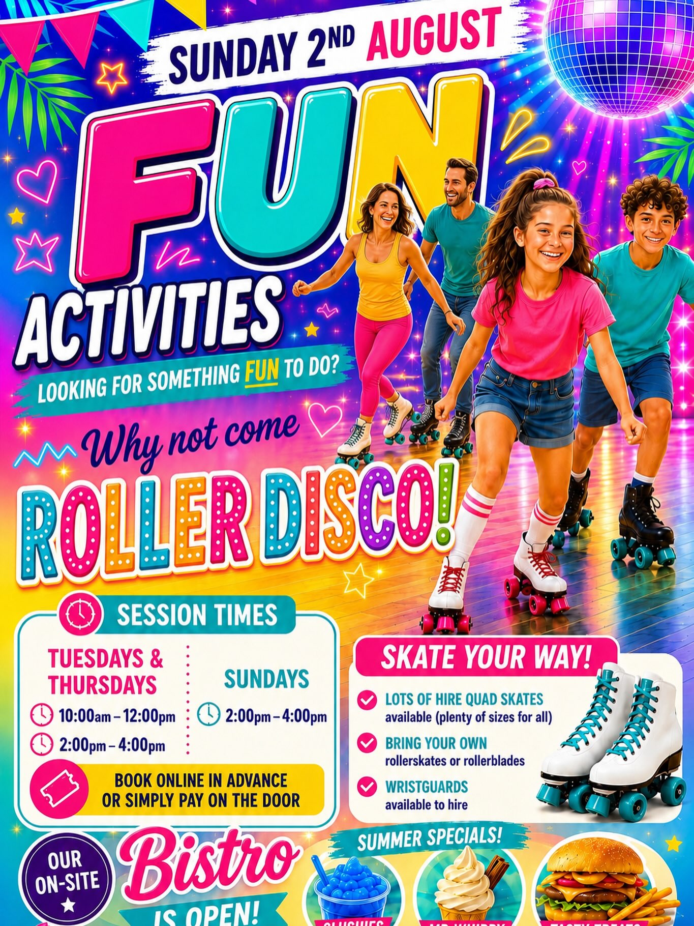๐ผ SUNDAY FUN AT THE ROLLER DISCO! ๐
Looking for something fun to do this Sunday? Grab your family and friends and head along to Border Ice Rink, Kelso for an afternoon of roller skating fun! ๐๐บ
๐ผ Sunday 2nd August
โฐ 2:00pm โ 4:00pm
โจ Lots of hire quad skates available (plenty of sizes for all)
โจ Bring your own roller skates or rollerblades if you prefer
โจ Wristguards available to hire
โจ Book online in advance or simply pay on the door
๐ Our on-site Rink Bistro will be open with delicious summer specials, including slushies, Mr Whippy ๐ฆ and tasty treats!
๐ถ Great music, good vibes and fun for all ages โ whether youโre skating for the first time or reliving your disco days!
We canโt wait to see you on the rink! ๐ฉท๐ผ
#BorderIceRink #Kelso #RollerDisco #FamilyFun #SundayFun RollerSkating ScottishBorders SummerHolidays SkateTogether FunForEveryone