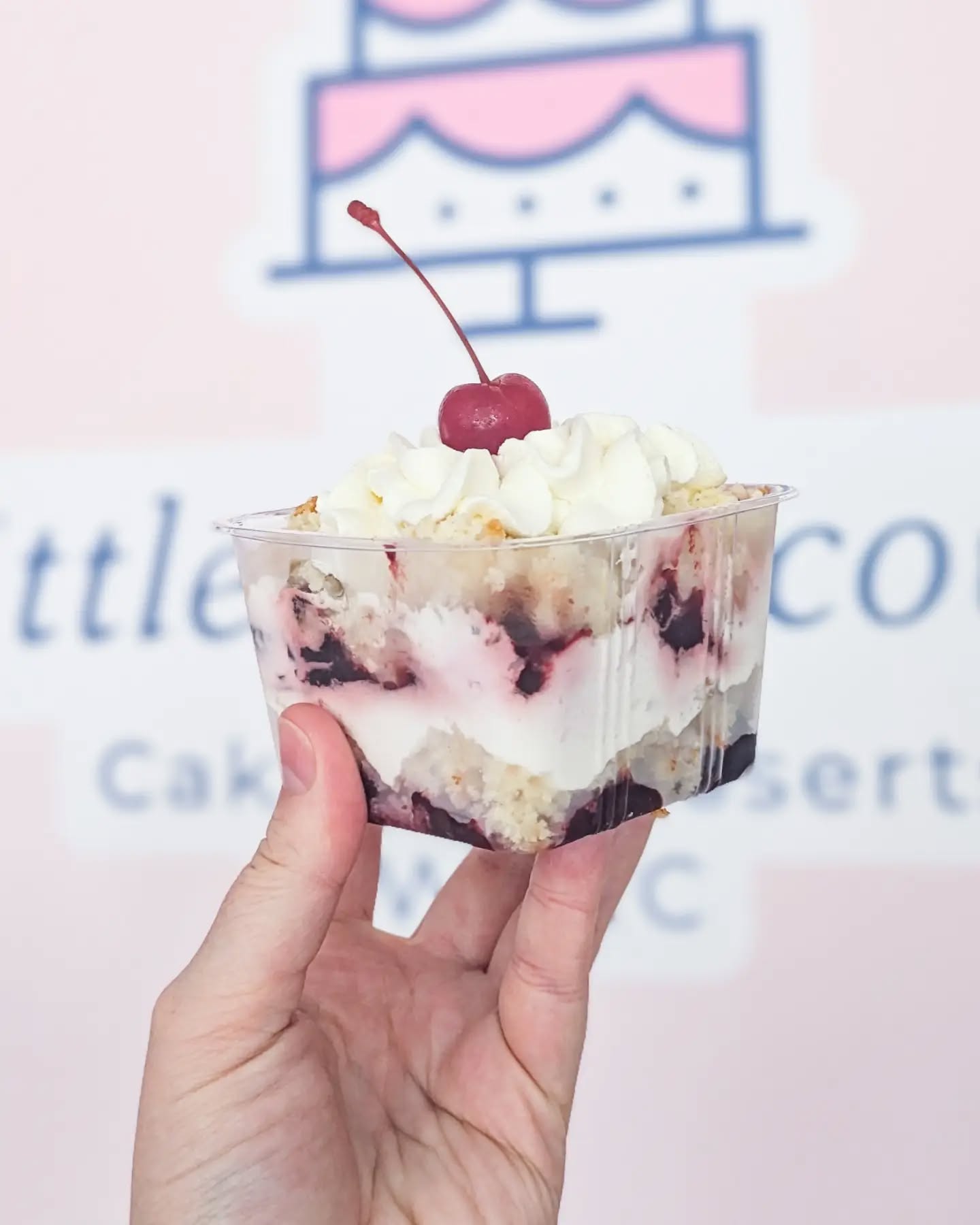 Cherry Vanilla Cake Parfaits are in the case today! Vanilla cake crumbles, cherry compote, and whipped cream π