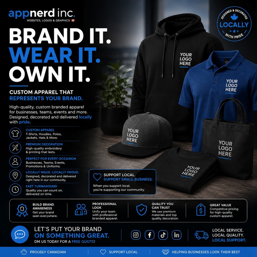 🇨🇦 Your brand deserves more than a logo. It deserves to be worn with pride.
At AppNerd Inc., we don't just print apparel, we help businesses create a professional image that people remember.
From embroidered polos and branded hoodies to custom hats, jackets, tote bags, and uniforms, every piece is designed to represent your business with quality and pride.
Even better?
Everything is designed and decorated locally, supporting Canadian small businesses and our local community every step of the way.
Whether you're outfitting your employees, launching a new brand, attending a trade show, or looking for promotional merchandise, we're here to bring your vision to life.
👕 T-Shirts
👔 Polos
🧥 Hoodies & Jackets
🧢 Hats & Toques
👜 Tote Bags
🧵 Premium Embroidery & Printing
✨ And so much more!
Why choose AppNerd Inc.?
✅ Designed locally
✅ Decorated locally
✅ Premium-quality apparel
✅ Fast turnaround times
✅ Personalized service from start to finish
When you support local, you're investing in your community, creating local jobs, and receiving the kind of one-on-one service you simply won't find from the big online retailers.
Let's create apparel your team will actually be proud to wear.
📩 Send us a message today for a FREE quote and let's put your brand on something great.
#SupportLocal #ShopLocal #MadeLocal #BrandedApparel #CustomApparel #BusinessBranding #CorporateWear #CustomEmbroidery #ScreenPrinting #PromotionalProducts #SmallBusinessCanada #CanadianBusiness #SupportSmallBusiness #NewmarketOntario #YorkRegionBusiness #BrandedMerchandise #CompanyUniforms #Entrepreneur #AppNerdInc #WearYourBrand