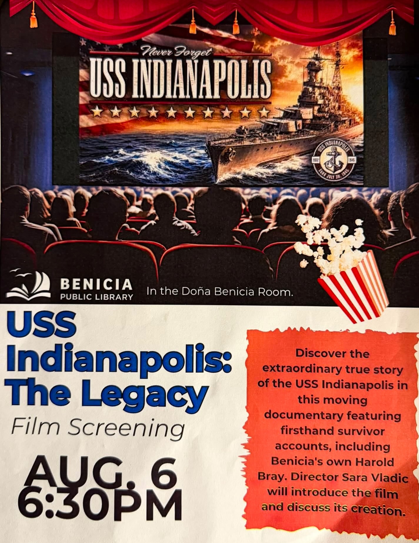 Join Us as We Remember the Crew of USS Indianapolis During the 81st Anniversary Week
As we approach the 81st anniversary of the loss of USS Indianapolis (CA-35), we invite you to join us in honoring her crew and preserving their extraordinary legacy. Whether you can attend in person or from home, there are several opportunities this week to remember these Heroes and learn their remarkable story.
🇺🇸 July 30 – USS Indianapolis Honor Watch
📍 USS Indianapolis National Memorial | Indianapolis, Indiana
Join family members, Honorary Survivors, and friends throughout the day for the annual Honor Watch at the National Memorial along the downtown canal. (Event details were shared on our page this past weekend.) The live stream will be shared on our Facebook page the day of the event.
🎬 August 1 – East Hartford, Connecticut
📍 World War II Legacy Museum
Doors open at 2:00 p.m.
Documentary screening begins at 3:00 p.m.
Following the film, stay for a special Q&A with Michael Kiselica, son of USS Indianapolis survivor Joseph Kiselica.
🎬 August 6 – Benicia, California
📍 Benicia Public Library
6:30 p.m.
Join us for another community screening of USS Indianapolis: The Legacy.
If you can’t join us in person, USS Indianapolis: The Legacy is currently streaming free with Amazon Prime, and is also available to rent or purchase on other major streaming platforms.
No matter where you are, we hope you’ll take a moment this week to remember the courage, sacrifice, and enduring legacy of the crew of USS Indianapolis. Their story deserves to be remembered.