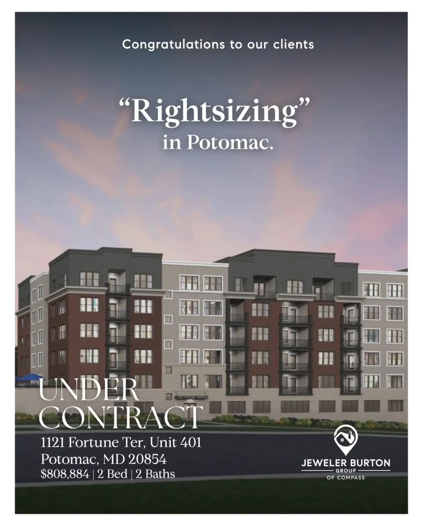 Helping our clients right size to be closer to the grandkids is one of my favorite kinds of transactions. Congratulations, and good luck on this next chapter.
1121 Fortune Terrace, Unit 401
Potomac, MD 20854
2 Beds | 2 Baths | 1,475 Sq. Ft.
Thinking about your next move? Whether you're right sizing, upsizing, or buying your first place, we'll help you find the right fit. Reach out today.
JT Burton
JT@JewelerBurton.com
301.928.3456
#realtor #MontgomeryCountyRealEstate #realestate