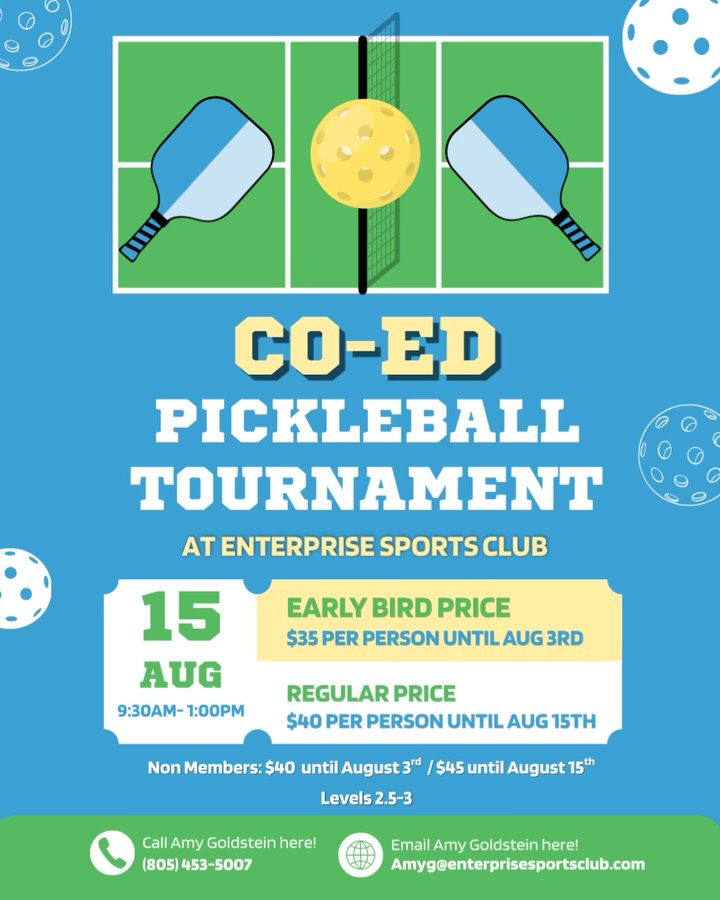 We are hosting another Pickleball Tournament on Saturday, August 15th, from 9:30AM-1:00PM!
Interested in playing? Reach out to Amy Goldstein to register or learn more!
📞(805)453-5007
🌐Amyg@enterprisesportsclub.com
•
•
•
#santacruz #scottsvalley #pickleball #pickleballtournament #pickleballislife🏓