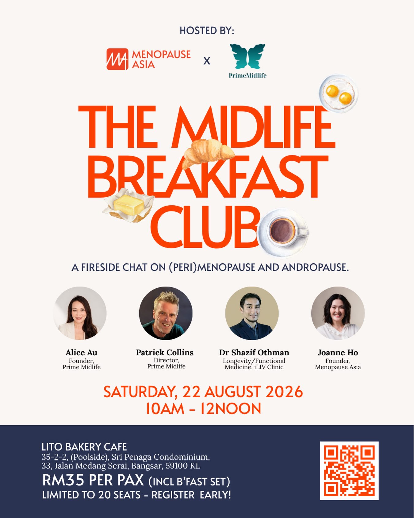 Have you ever sat across the breakfast table from your partner and quietly wondered why neither of you quite feel like yourselves anymore?
Perimenopause and andropause are often happening in the same household at the same time - and most couples have never had the conversation in the same room.
The Midlife Breakfast Club is a fireside chat that changes that.
With Alice Au and Patrick Collins of @primemidlifeofficial , Dr Shazif Othman (a Longevity and Functional Doctor) from iLIV Clinic, and Menopause Asia founder Joanne Ho.
Saturday 22 August, 10AM-12PM
Lito Bakery Cafe, Bangsar
RM35 per pax, includes breakfast
Limited to 20 seats.
Register via link in bio.
Educational content only. Not medical advice.
For educational purposes only. Not medical advice.
————————
We’re 𝗠𝗲𝗻𝗼𝗽𝗮𝘂𝘀𝗲 𝗔𝘀𝗶𝗮 -connecting you to licensed physicians for personalised menopause care, and supporting you with education and community.
💬 We believe no woman should have to navigate this alone.
#MenopauseAsia #SeenAtMidlife #MenopauseAwareness #WomensHealth #MidlifeHealth
