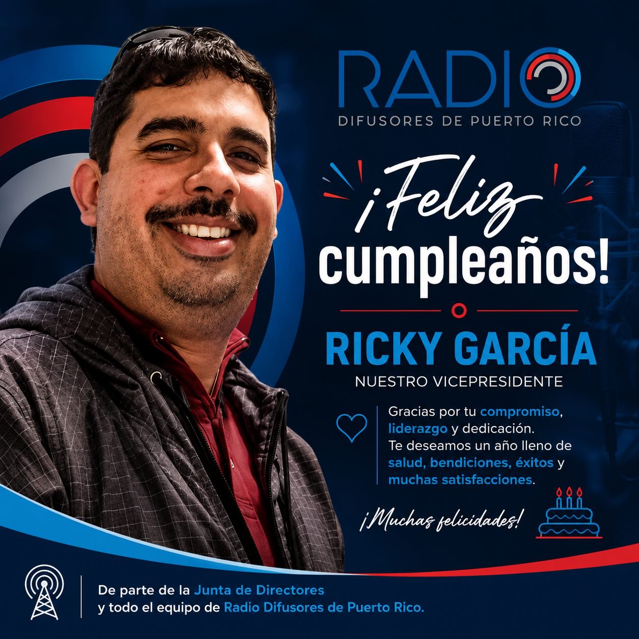 ¡Feliz cumpleaños, Ricky García! 🎉
En nombre de la Junta de Directores y de toda la familia de Radio Difusores de Puerto Rico, te deseamos un día lleno de alegría y un nuevo año de vida colmado de salud, bendiciones, éxitos y muchas satisfacciones.
¡Muchas felicidades! 🎂📻