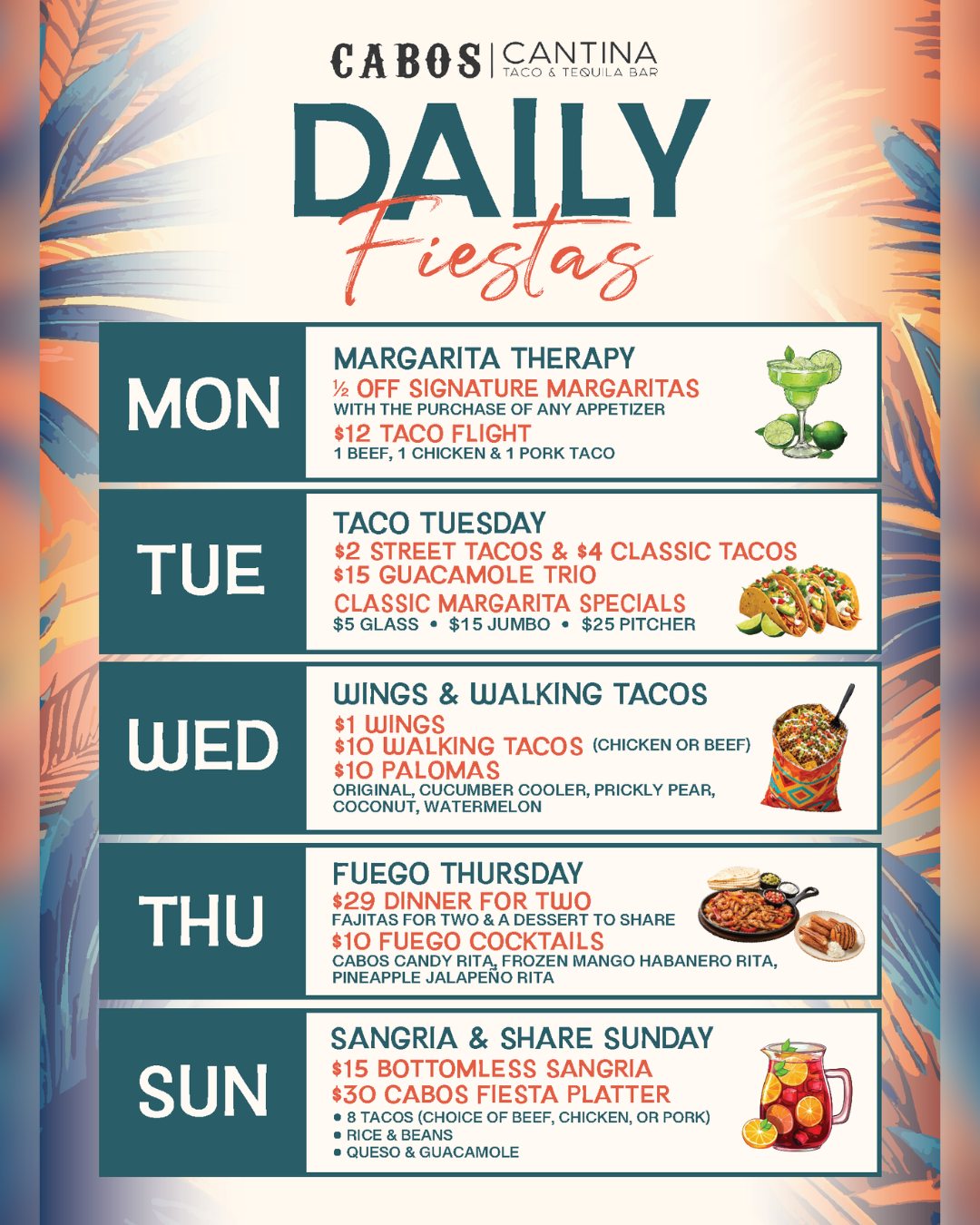 Taco 'bout good timing... 🌮 Our NEW Daily Specials have arrived!
Stop by Cabos and find your new favorites.
#caboscantina #downtownfortmyers #dailyspecials #mexicanrestaurant