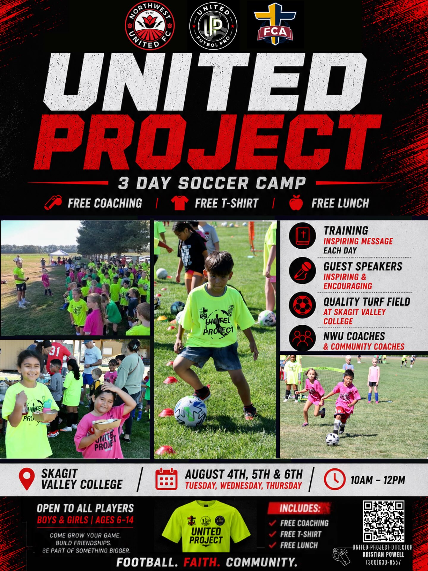 ⚽❤️ The United Project Returns This August!
Northwest United FC is proud to once again partner with our Director of Soccer, Kristian Powell, and United Futbol Pro, to bring back the United Project to provide a FREE 3-day soccer camp for children in our community.
This camp is about more than soccer. It’s about creating an opportunity for every child to play, grow, build confidence, and experience the game in a fun, welcoming, and encouraging environment. Whether they’re new to soccer or already love the game, every player is welcome.
Camp Includes:
⚽ Professional coaching each day
👕 FREE United Project T-shirt
🍕 FREE lunch each day
🤝 A chance to build friendships and create lasting memories
Throughout the camp, players will also spend time learning valuable life lessons centered around resilience, teamwork, character, respect, and overcoming challenges—helping them grow both on and off the field.
📍 Skagit Valley College
📅 August 4th–6th (Tuesday–Thursday)
⏰ 10:00 AM – 12:00 PM
👦👧 Open to Boys & Girls ages 6–14
If you know a child or family who would benefit from this opportunity, please share this post. Together, we can make a positive impact in our community.
A huge thank you to United Futbol Pro and the Fellowship of Christian Athletes for continuing to invest in the next generation.
Register today:
https://registration.teamsnap.com/form/64784
#NorthwestUnitedFC #UnitedProject #Community #FootballFaithCommunity #GrowTheGame