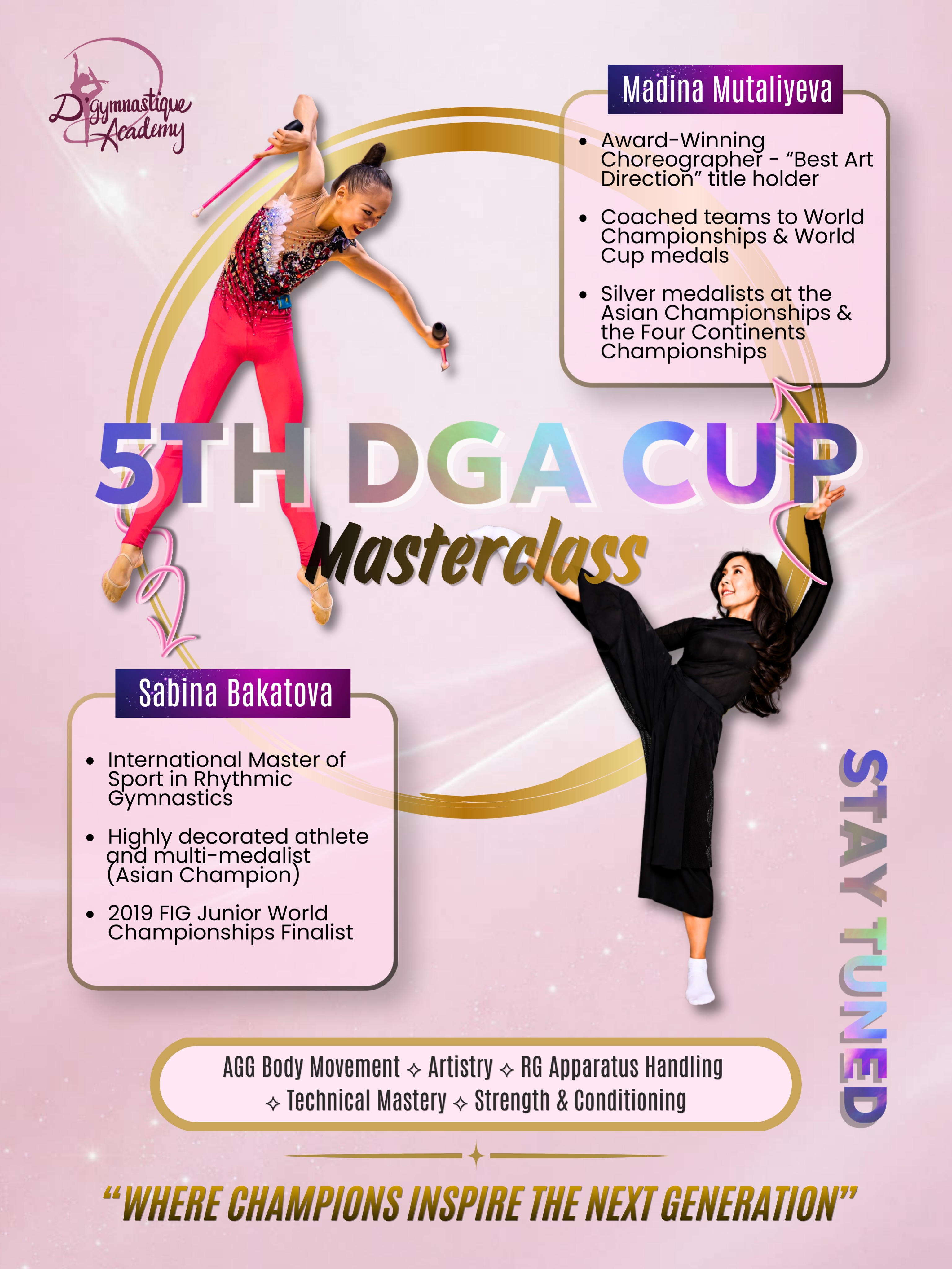 DGA is excited to welcome Coach Madina and Coach Sabina to conduct a Masterclass for both Rhythmic Gymnastics & Aesthetic Group Gymnastics during our 5th DGA Cup!โบ๏ธ
Bringing with them a wealth of international experience and world-class expertise, both instructors will share invaluable knowledge, techniques and insights with all participants. This is a unique opportunity for gymnasts and coaches alike to learn from two highly accomplished professionals and elevate their skills to the next level. Be part of this special celebration as we mark five incredible years of DGA Cup with an unforgettable learning experience!
Donโt go away, more information to come soon!๐
#DGACup2026
#DGACupMasterclass2026
#RhythmicGymnastics
#AestheticGroupGymnastics