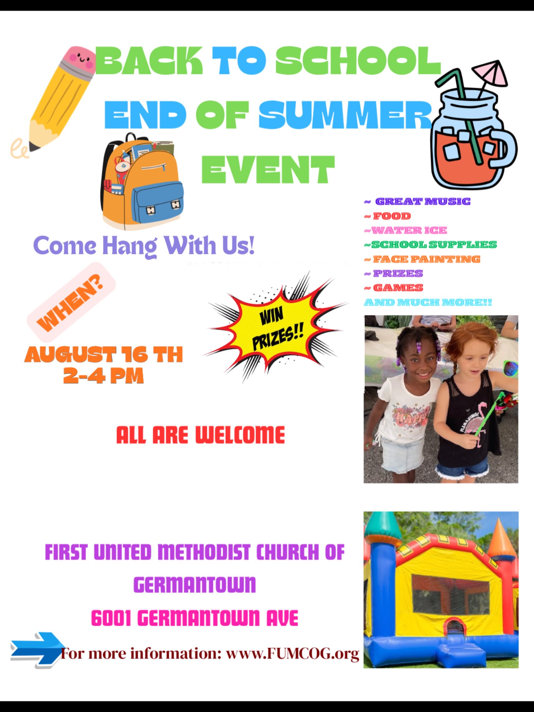 Our back to school event is coming up and we hope to see you there! On August 16th, 2026 we will be hosting the community for an afternoon of fun, food, and school supplies!
We are also looking for donations for this event in the form of school supplies, donations for school supplies or gift cards for school supplies that we will be giving out the day of. Donations can be sent to the church from Monday - Friday from 9 AM to 5 PM!
Your generosity is a meaningful expression of care for our community. Financial gifts and school supply donations help First United Methodist Church of Germantown support local students, serve our neighbors, and continue ministries rooted in compassion, justice, and hope. Every contribution, no matter the size, helps us make a lasting impact together.”