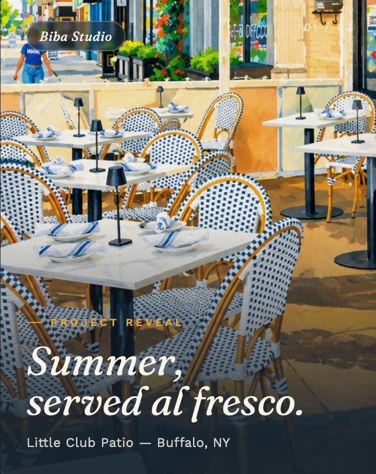 ☀️ Summer, served al fresco.
There’s something about a perfectly styled patio that turns a meal into a moment. For this project, we leaned into classic French bistro charm — woven rattan chairs in navy and white, marble-top bistro tables, and moody navy planters bursting with red and yellow blooms to soften the hardscape and bring the garden right up to the table.
Exterior design isn’t an afterthought — it’s the first impression. From seating layout to lighting to greenery, every detail was chosen to make guests want to linger a little longer in the sun.
📍 Little Club Patio | Buffalo, NY
Design: Biba Studio Interior Design
#PatioDesign #ExteriorDesign #OutdoorDining #BuffaloNY #InteriorDesign