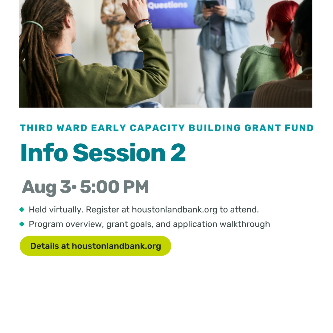 Reminder: Join us for Info Session 2 for the Third Ward Early Capacity Grant Fund!
Learn about program goals, eligibility requirements, and the application process during this virtual session.
Link to register for the session can be found in the bio.
#houston #thirdward #communityinvestment #business #houstonlandbank #communitydevelopment #nonprofits