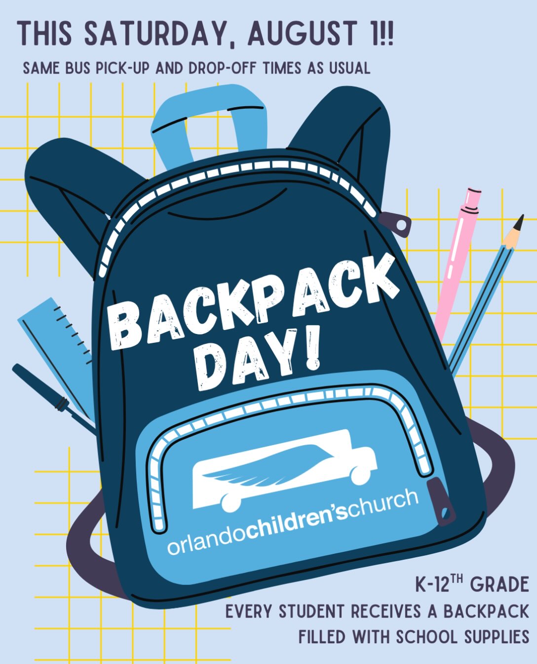 Be sure to be there this Saturday, August 1!!
Bus pick-up and drop-off times are the same as always, but be sure to be at your stop on time!
To get on the route, call our bus coordinator at 407-614-6145 x 1 or text 407-914-6497.
See you Saturday!