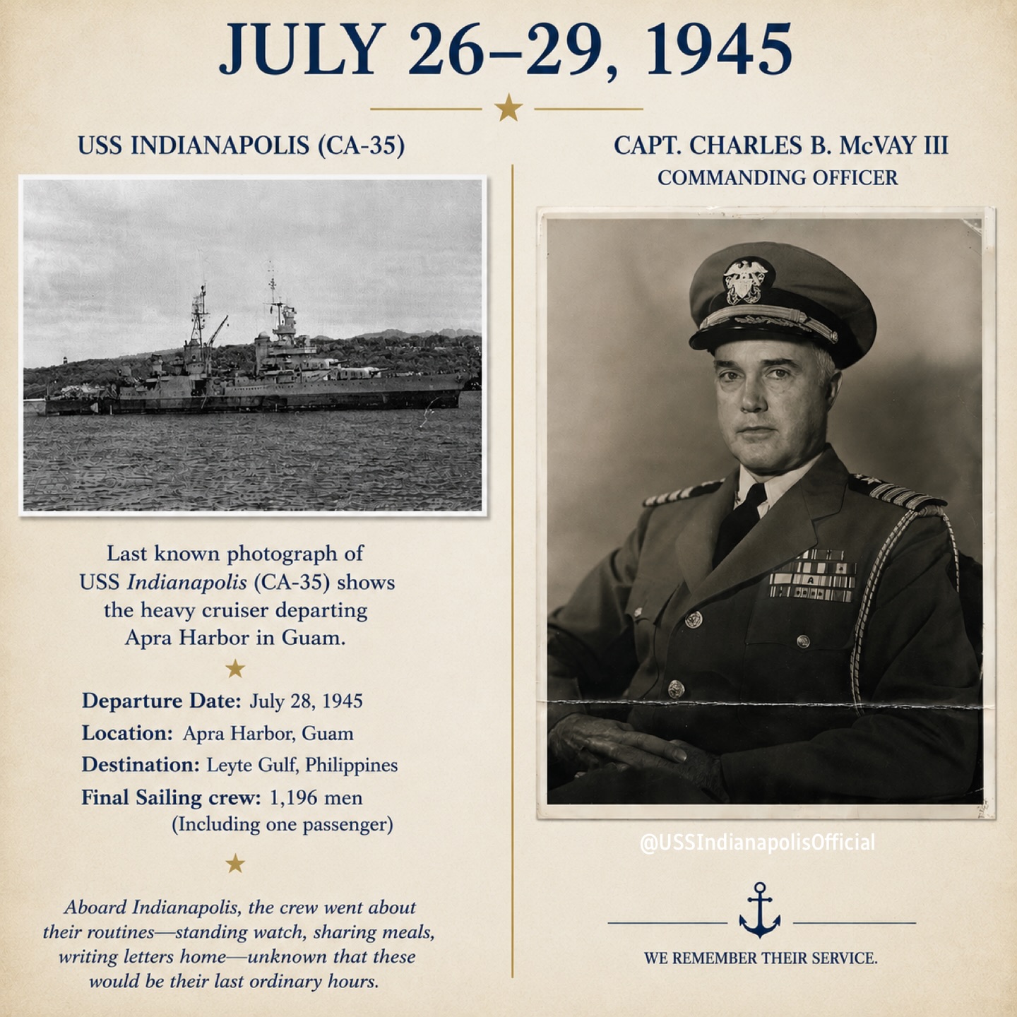 Their mission was complete.
After successfully delivering one of the most closely guarded cargos of World War II to Tinian on July 26, USS Indianapolis received new orders. Captain Charles B. McVay III was directed to proceed to Leyte in the Philippines, where his crew would spend ten days training before joining Admiral Raymond Spruance’s Fifth Fleet in preparation for the planned invasion of Japan later that year.
Following a brief stop at Guam on July 27 for routing orders and to disembark Fifth Fleet staff personnel, Indianapolis got underway once more. The war was not over, and like so many before it, this was simply the next assignment.
On July 29, she passed USS LST‑779, which was conducting gunnery exercises. Signals were exchanged, the crews went about their routines, and life aboard Indianapolis continued as it always had. The men wrote letters, stood watch, shared meals, and looked ahead to what they believed would be the next phase of the war. It would be the last time another American ship saw USS Indianapolis.
As the sun set that evening over the Philippine Sea, no one aboard could have known they were living the final ordinary hours of one of the most extraordinary ships—and crews—in American naval history.