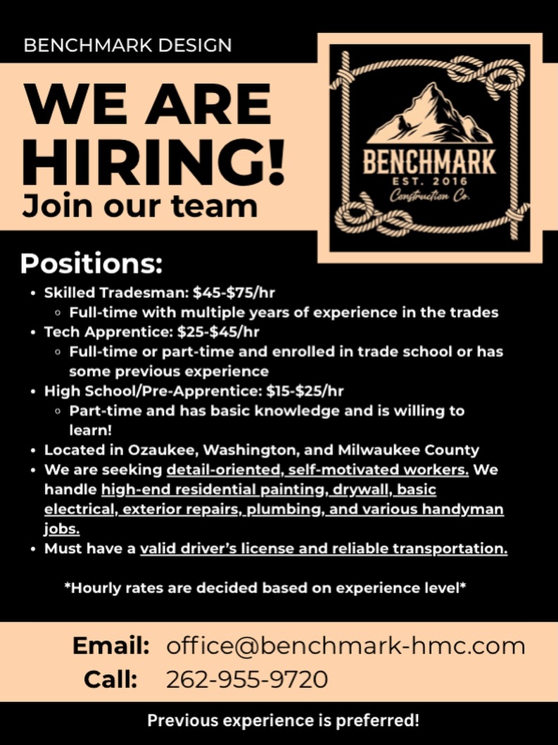 Benchmark is GROWING🌷
Message or call (262) 955-9720
Let’s just take this time for me to say how unbelievably blessed both myself and this business is to be in a position to do this! Ex. I don’t do any advertising, I am booked out 4mo, this is ONLY explainable if you look through the lens that it’s Gods business, I just work here…