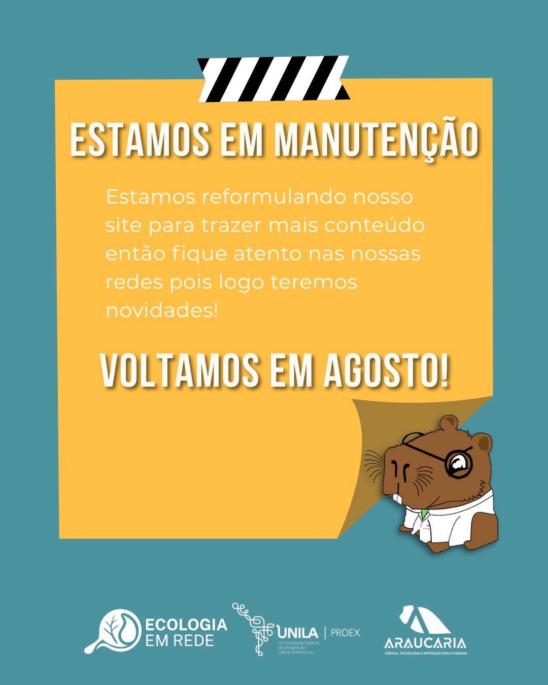 🚧 Em manutenção 🚧
Pausa para melhorias! 🛠️🌿 Nosso site está passando por uma reformulação para entregar ainda mais conteúdo de qualidade sobre ecologia e ciência. Acompanhe por aqui, voltamos em breve! 📅💚
Texto: Charlie Lara
Design Canva: Charlie Lara
#ecologiaemrede #cienciacidadã #UNILA #ecologia #manutenção
