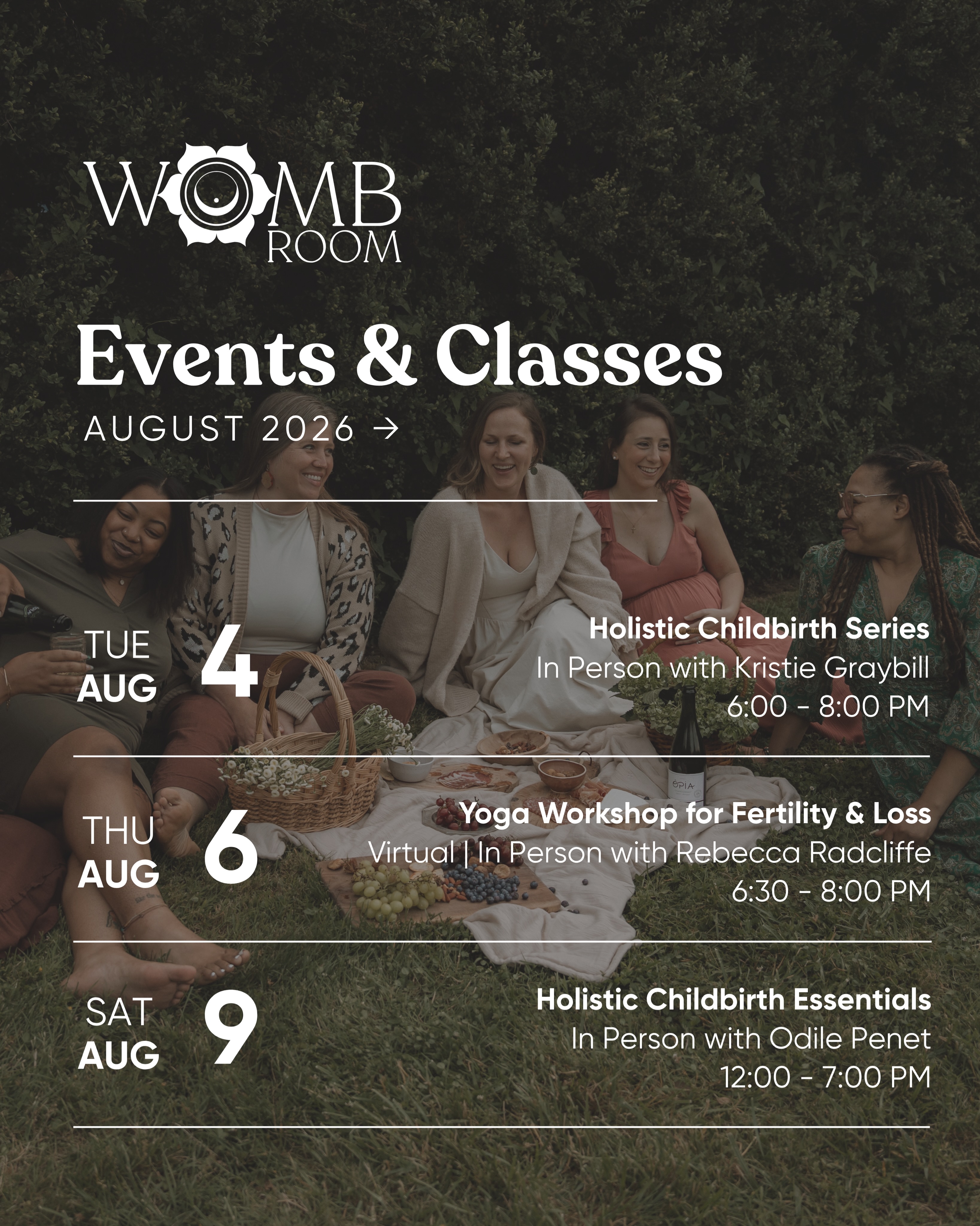 Update: Yoga Workshop for Fertility & Loss has been cancelled.
What’s Happening this August at The Womb Room. Swipe for more.
Follow the link in our bio to sign up!