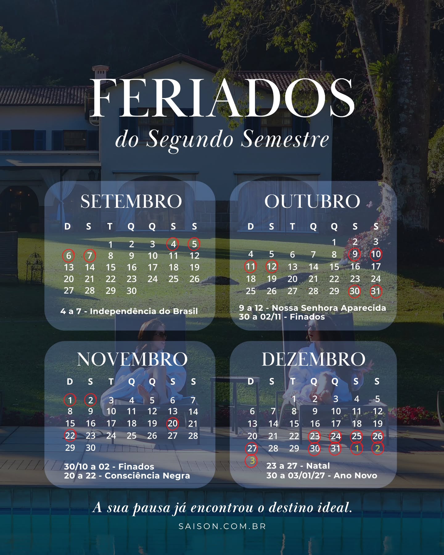 O segundo semestre chegou e, com ele, a melhor contagem regressiva: a dos feriados! 💙
Pacotes disponíveis e limitados! Venha viver uma experiência de autocuidado. ✨️