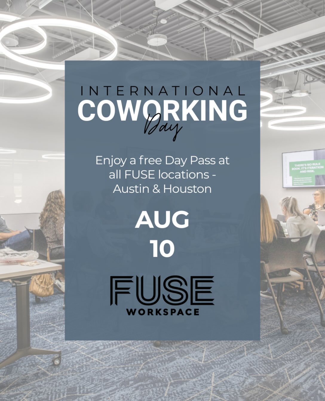 Celebrate International Coworking Day with us on Monday, August 10! 🎉
All FUSE Workspace locations in Austin and Houston are offering FREE Day Passes all day long. Whether you’re looking for a fresh place to work, meet new people, or experience the FUSE community, we’d love to have you join us.
✨ Enjoy a day of networking, collaboration, and productivity in our vibrant coworking spaces.
Reserve your free day pass and come see what coworking is all about.