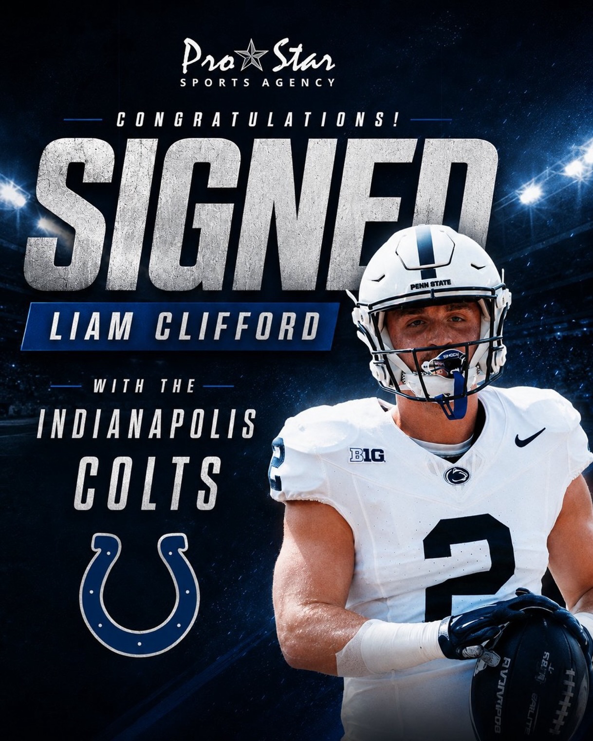 Congratulations to former @pennstatefball Swiss Army Knife, @liamcliff2 on signing with the @colts ! An exceptional overall athlete, Liam played WR, QB, and on all special teams over his career with the Nittany Lions! LET’S GO, LIAM! Go do your thing! #ProStarFamily