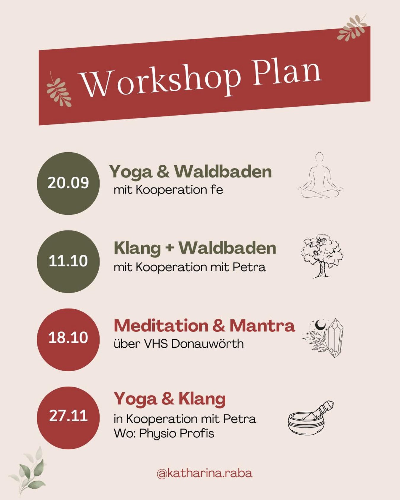 🍂 Mein Herbstprogramm steht! 🍂
Die Termine für meine Herbst-Workshops stehen fest:
✨ Yoga & Waldbaden
🎶 Yoga & Klang im Wald
🧘♀️ Klang & Yoga Indoor
🎵 Mantra-Meditationen
Ich freue mich, diese Angebote gemeinsam mit @yogaschule_vhs_donauwoerth , @sedlmeirpetra , @flowmitfe_ anzubieten.
Die Termine stehen fest, genauere Infos zu den einzelnen Workshops folgen in den nächsten Tagen. Ich freue mich auf euch! 🍁
