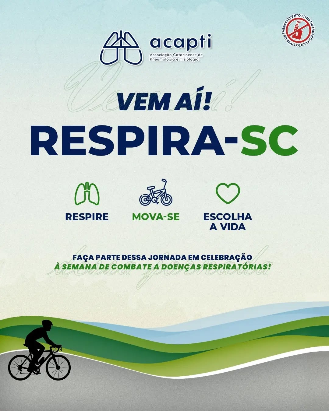 As inscrições para a Volta Ciclística Respira-SC estão abertas!
A Volta Ciclística Respira-SC é um projeto que tem como principal objetivo dar visibilidade à Semana de Combate às Doenças Respiratórias, que neste ano será celebrada de 05 a 11 de outubro. A iniciativa busca conscientizar a população sobre a prevenção das doenças respiratórias e os riscos do tabagismo e do cigarro eletrônico, incentivando hábitos de vida mais saudáveis.
O percurso passará por diversas cidades de Santa Catarina, e você pode participar da forma que for mais conveniente. Não é necessário percorrer todo o trajeto: se a rota passar pela sua cidade, você pode pedalar apenas o trecho local e fazer parte desse grande movimento pela saúde.
Cada quilômetro pedalado representa um passo a mais na conscientização e na promoção da saúde respiratória.
Garanta sua inscrição, convide seus amigos e venha pedalar conosco!
Respire. Mova-se. Escolha a Vida.