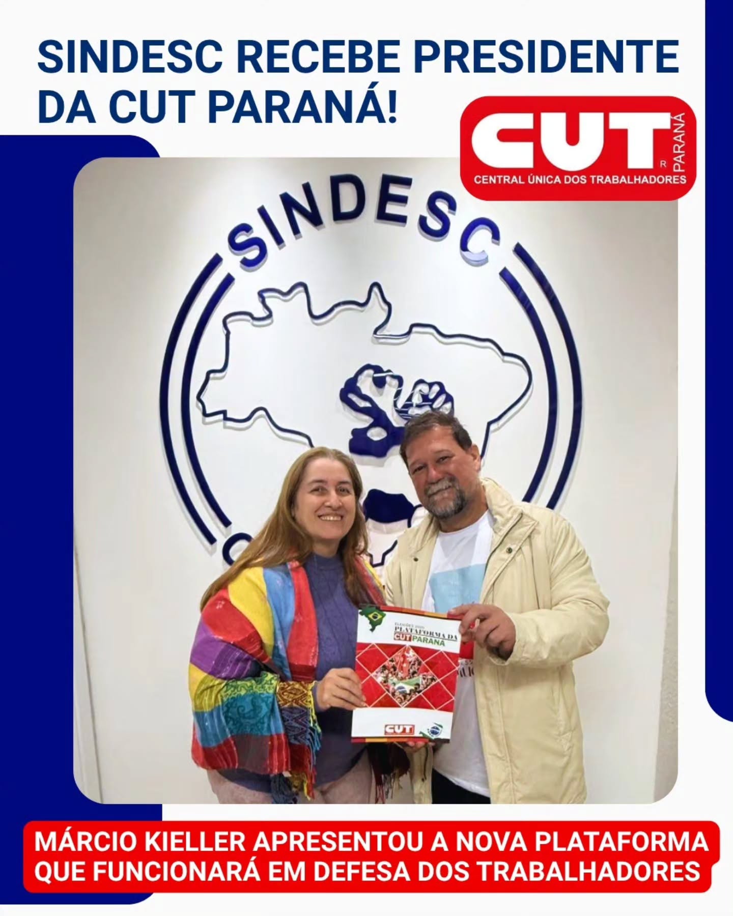 SINDESC recebe presidente da CUT Paraná para apresentação de plataforma em defesa dos trabalhadores
Na última quinta-feira, o SINDESC recebeu a visita do presidente da CUT Paraná, Márcio Kieller, em um importante momento de diálogo e fortalecimento da luta em defesa dos direitos da classe trabalhadora.
Durante o encontro, foi apresentada a Plataforma da CUT Paraná, documento que será entregue aos candidatos nas próximas eleições com o objetivo de que assumam o compromisso de defender e fortalecer os direitos dos trabalhadores e trabalhadoras.
O SINDESC reafirma seu compromisso com a valorização da enfermagem e com iniciativas que promovam o diálogo, a participação democrática e a construção de políticas públicas voltadas à proteção dos direitos da classe trabalhadora.
✊ Seguimos unidos na defesa dos trabalhadores e de uma sociedade mais justa.
#SINDESC #CUTParaná #MárcioKieller #DireitosDosTrabalhadores #Enfermagem TrabalhoDecente DefesaDosTrabalhadores Sindicato Paraná
