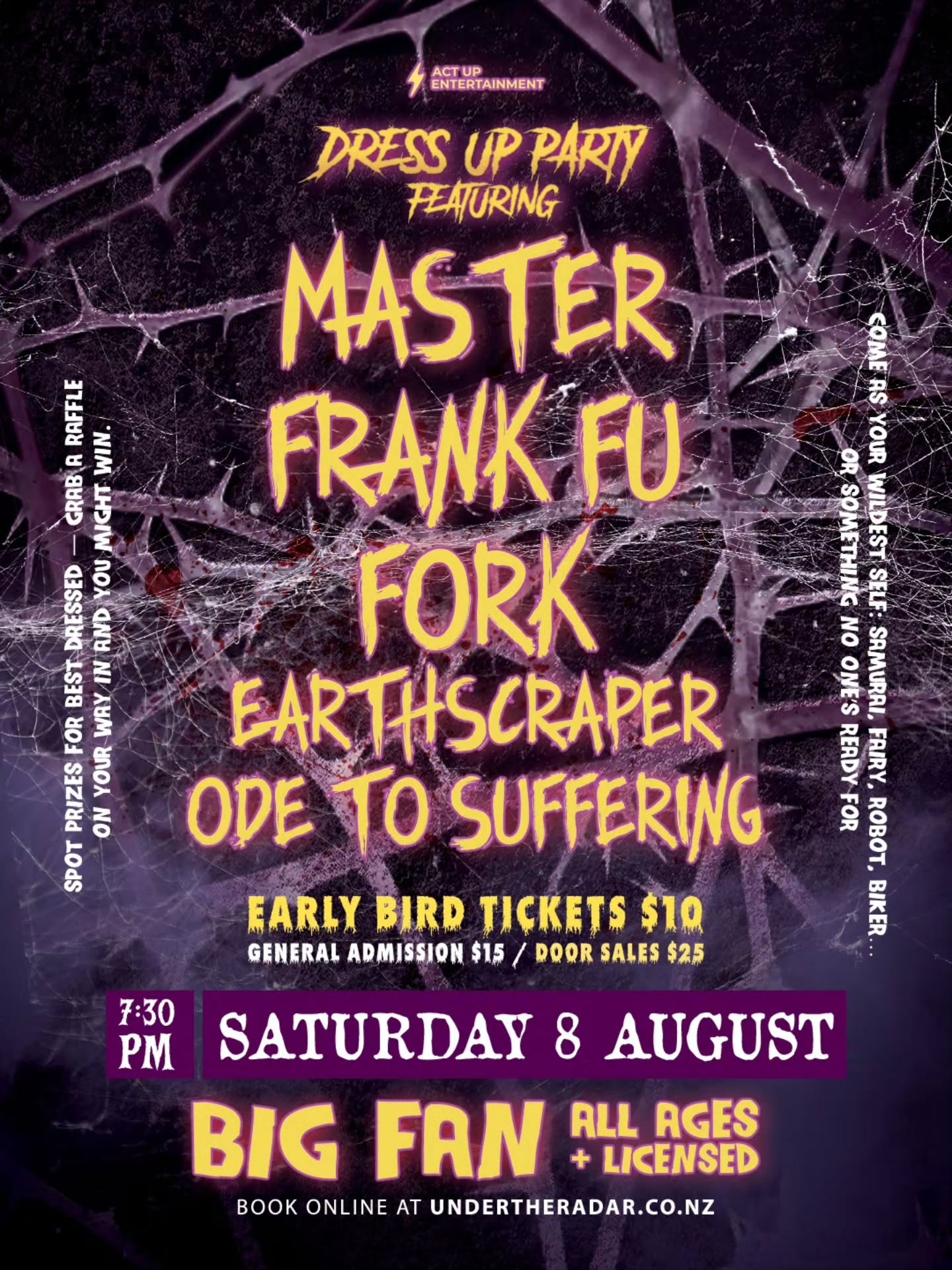 DRESS UP PARTY AT BIG FAN
Master Frank Fu • Fork • Earthscraper • Ode To Suffering
Saturday 8 August
Doors 7:30pm
Big Fan, 25 McDonald Street, Morningside
A huge night of heavy music, wild outfits and live chaos is almost here.
Early Bird tickets are just $10 + booking fee until tonight at 8:30pm. After that they're $15 + booking fee, or $25 on the door.
Save yourself some cash and lock yours in now.
Tickets via the link in bio.
But don't head home when the bands finish.
The Official After Party kicks off at Ding Dong Lounge and Dead Witch from 11:30pm.
Expect DJs playing rock, metal, alternative, nu-metal and party favourites until late.
Big Fan ticket holders get FREE entry to the after party — just show your ticket at the door.
Please note: The Big Fan show is all ages, but the official after party is R18.
Dress up. Bring your mates. Make a full night of it.
#AucklandGigs #LiveMusicNZ #AucklandMusic #NZMetal #HeavyMusic