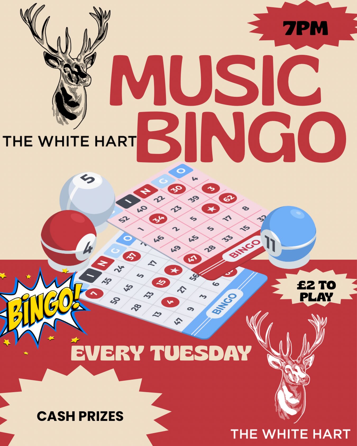 🎉 BRAND NEW EVENT! 🎉
🎵 MUSIC BINGO 🎵
Every Tuesday at The White Hart!
💷 Just £2 per game to play!
🎁 The more people who play, the BIGGER the cash prize!
Get ready to sing along to hits from:
🕺 ABBA
🎤 Village People
🌊 Billy Ocean
🎶 …and loads more favourites!
Bring your friends, test your music knowledge, sing your heart out, and see if you can shout “BINGO!” 🎉. Make sure to book you table !!
